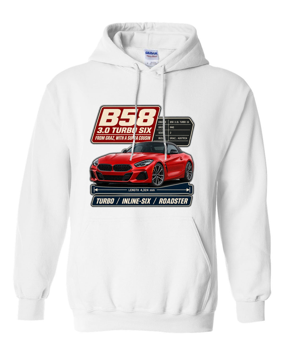 Spec poster print of the BMW Z4 M40i with B58 3.0 turbo six notes white pull over hoodie front view with the design