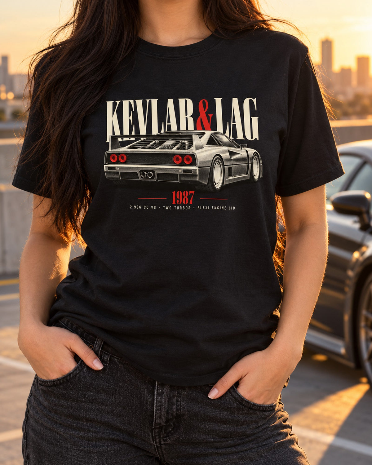 Ferrari F40 Kevlar and Lag Rear View Tee, Twin-Turbo V8 Shirt T-Shirt Black worn hero