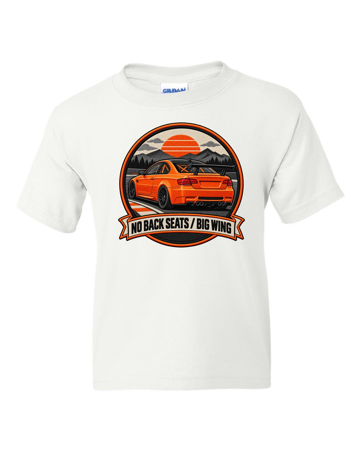 BMW E92 M3 GTS crest print with no back seats big wing text white kids tee front view with the design