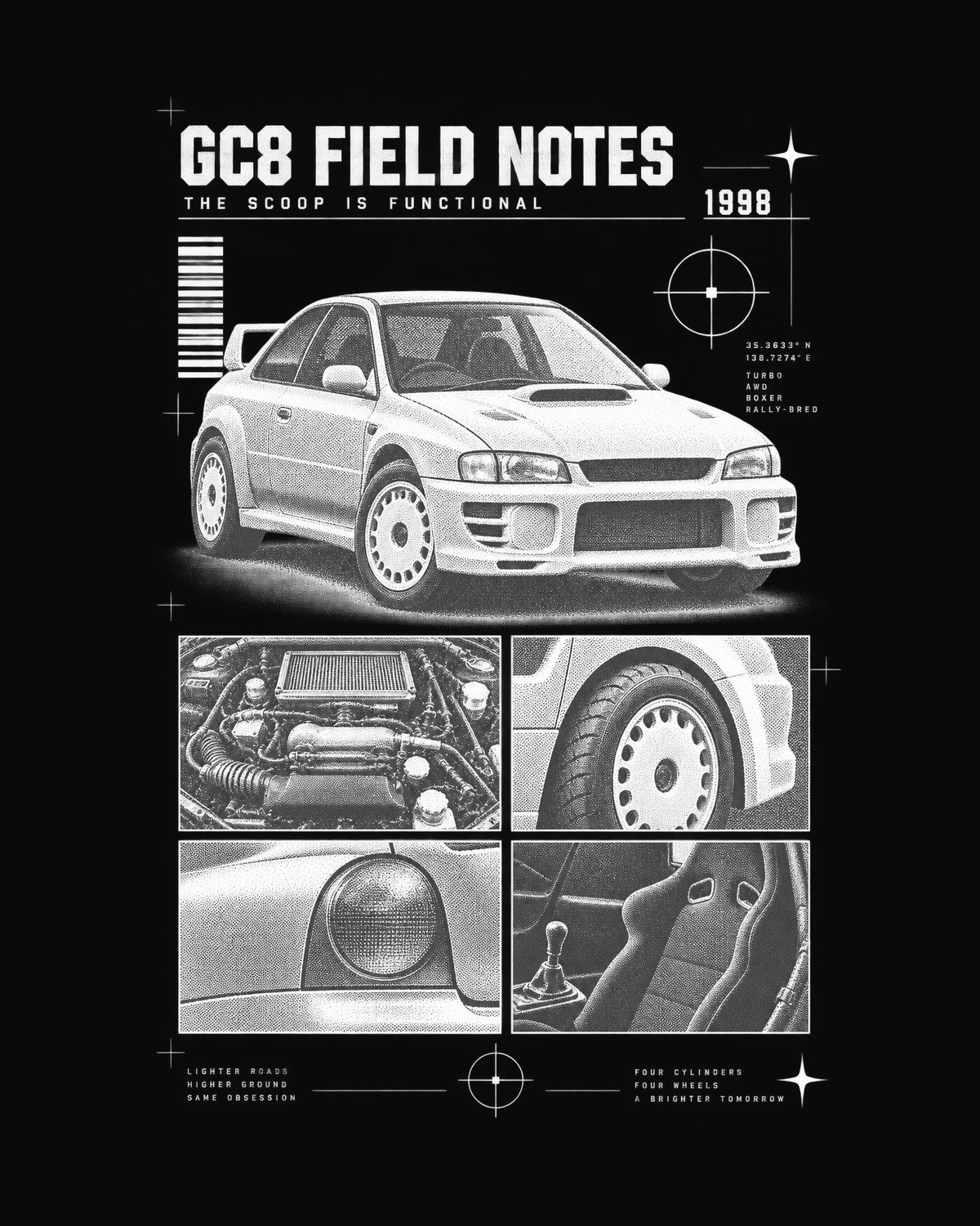 GC8 Impreza WRX Coupe Field Notes Dossier Tee, 1998 Subaru design only