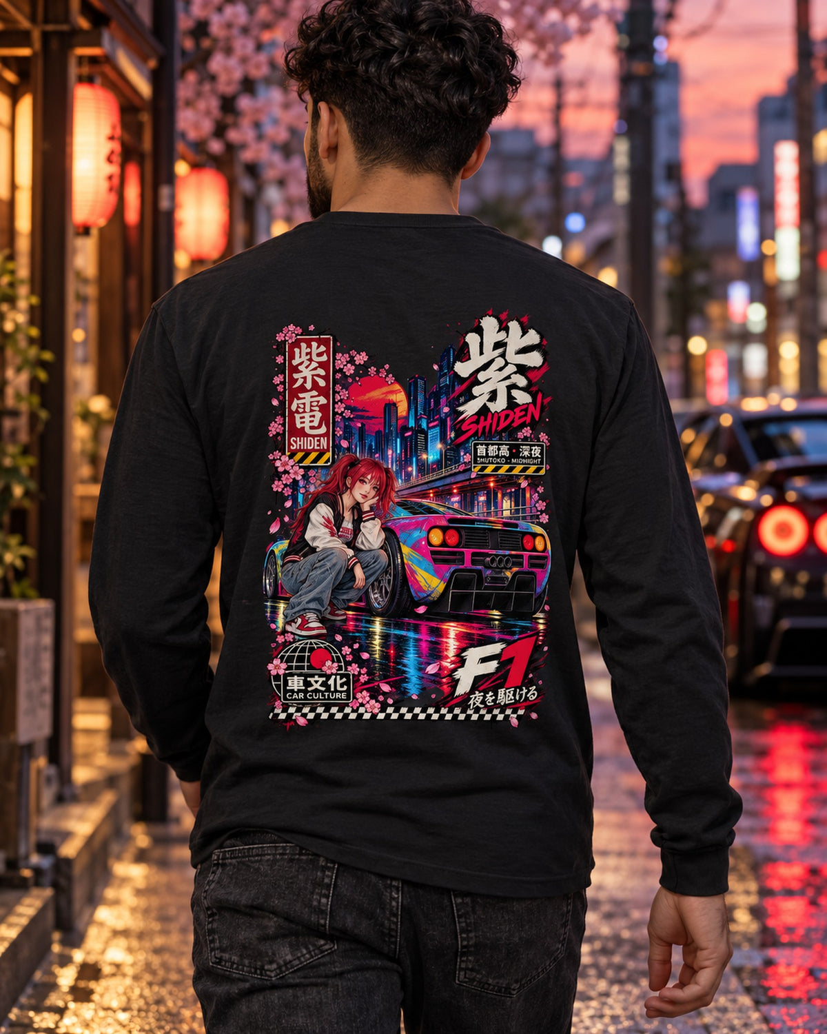 SHIDEN F1 Anime Girl Full-Back Graphic Tee Long Sleeve Black worn hero