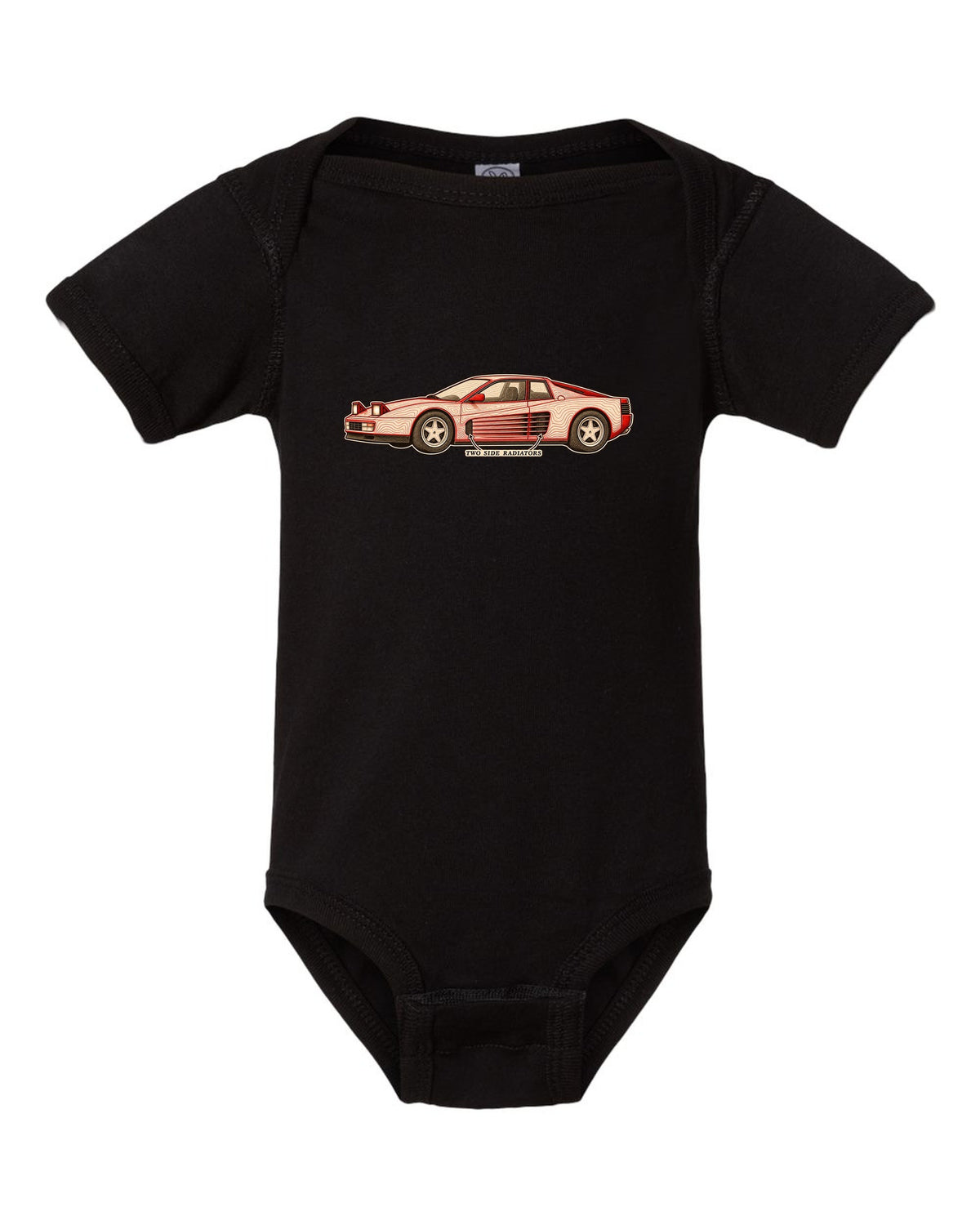 Ferrari Testarossa F110 Side Strake Contour Map black baby onesie front view with the design