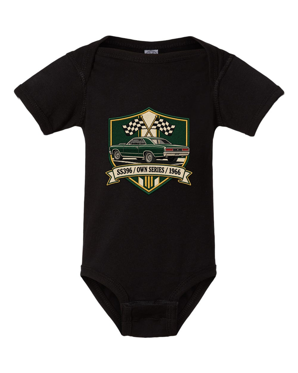 1966 Chevelle SS396 in an embroidery-style shield with text SS396 Own Series 1966 black baby onesie front view with the design