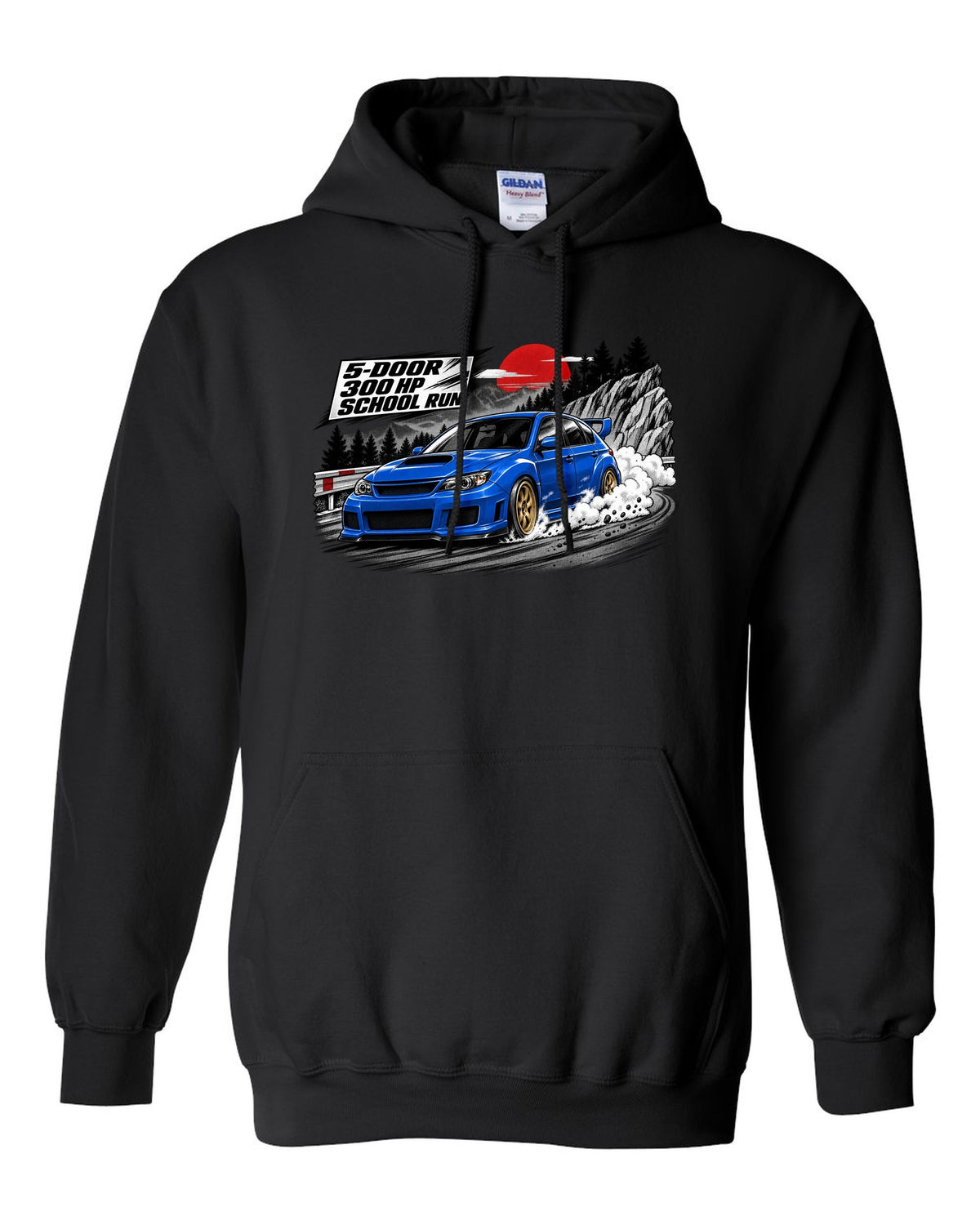 Subaru WRX STI GRB chback in a retro manga halftone panel, 5-DOOR / 300 HP / SCHOOL RUN black pull over hoodie front view with the design