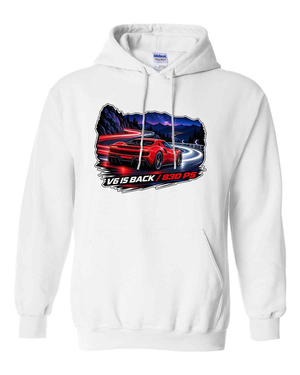 Long-exposure light trail print of the Ferrari 296 GTB with V6 is back text white pull over hoodie front view with the design
