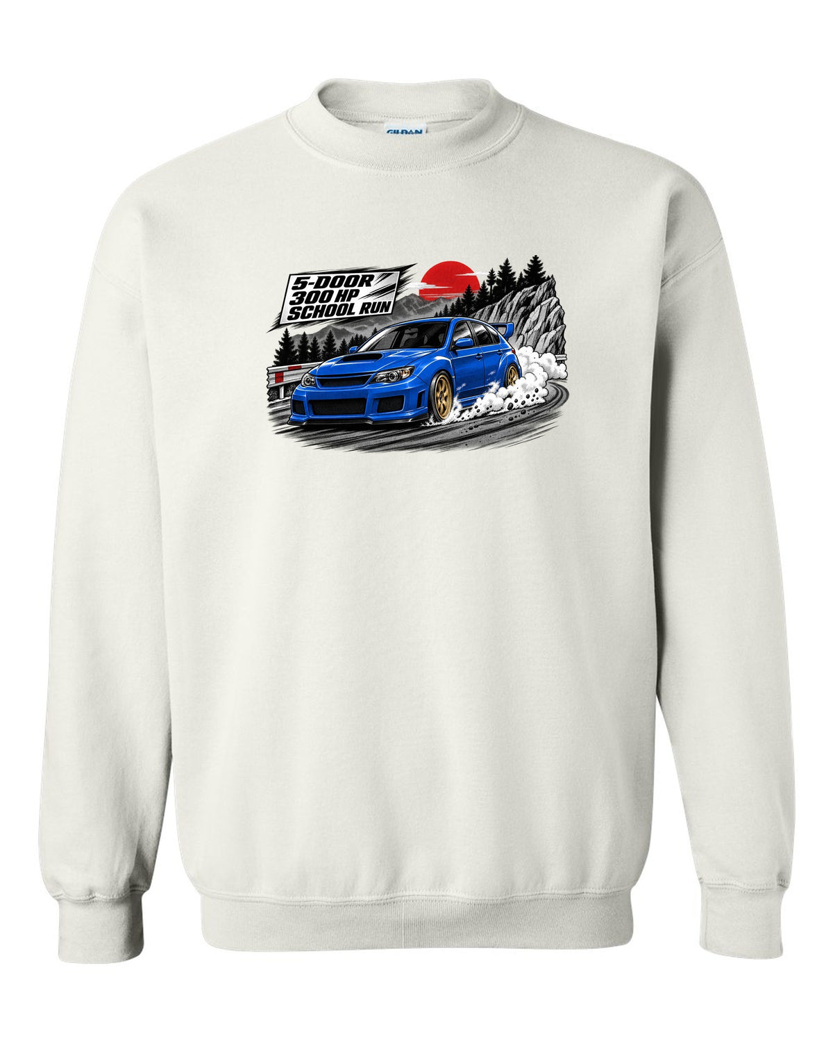 Subaru WRX STI GRB chback in a retro manga halftone panel, 5-DOOR / 300 HP / SCHOOL RUN white crewneck front view with the design
