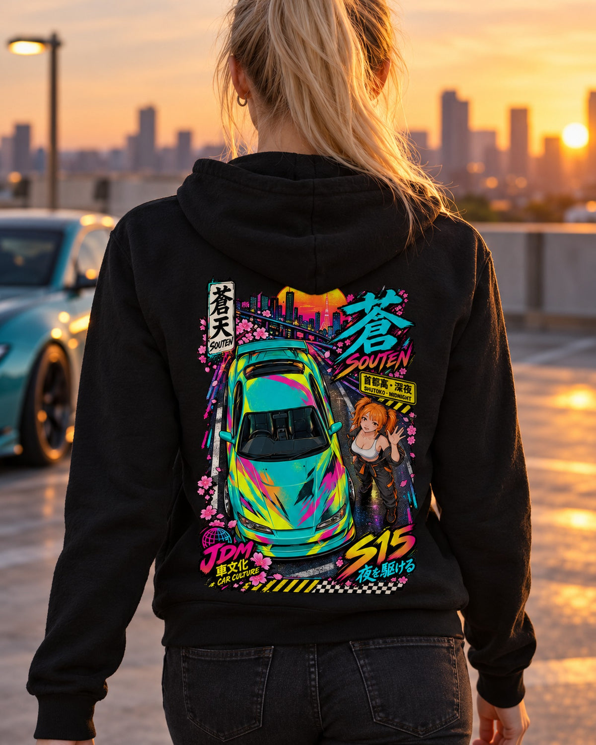 SOUTEN S15 Anime Girl Full-Back Graphic Tee Zip Hoodie Black worn hero