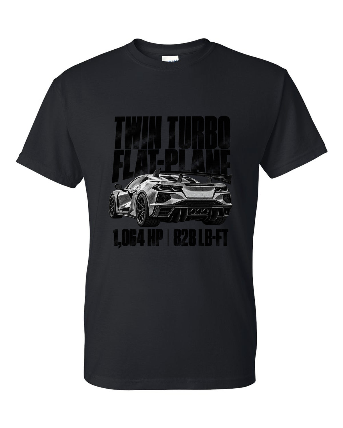 Corvette C8 ZR1 2025 hood vents and rear wing in halftone black t-shirt front view with the design