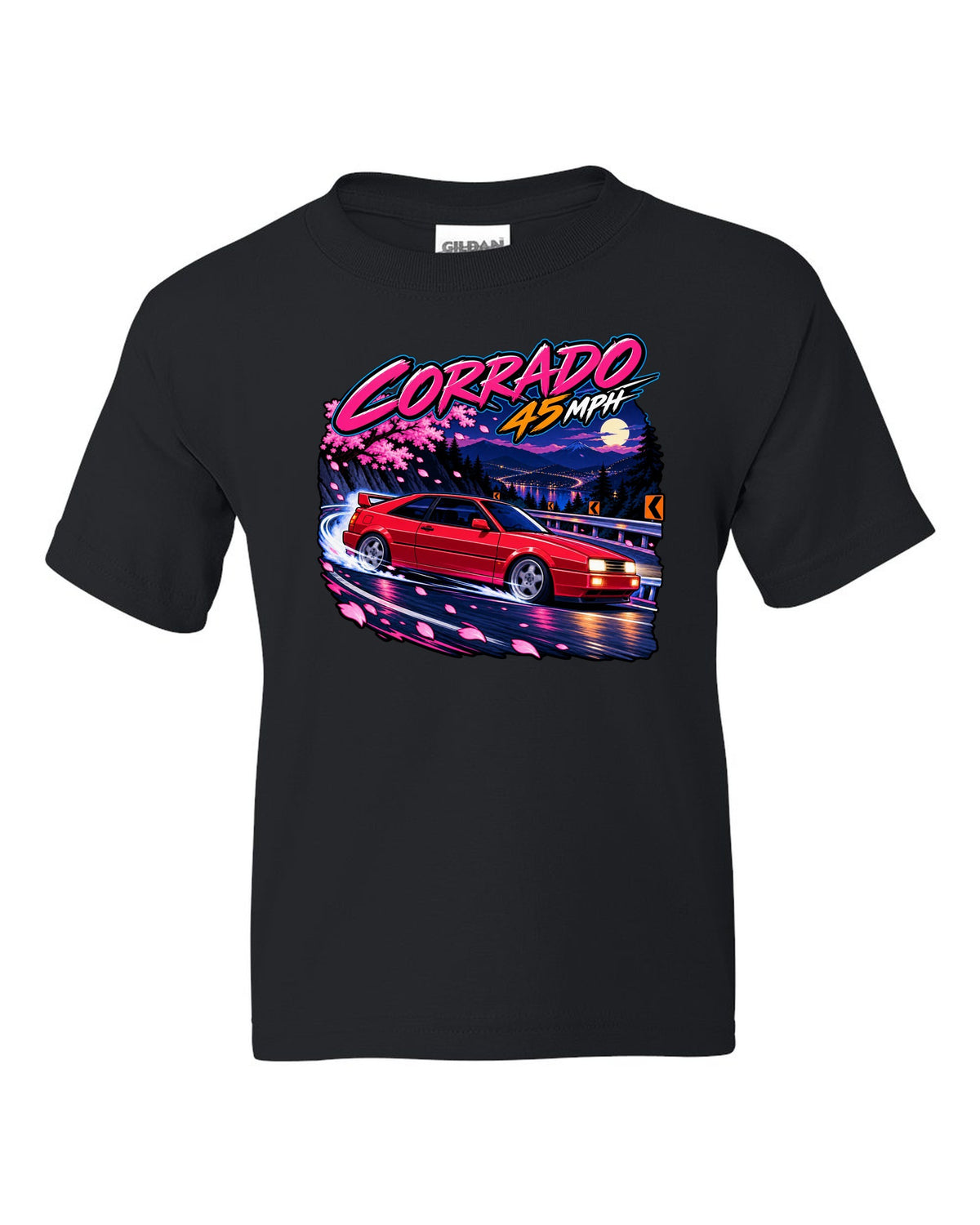 Cel-shaded anime night touge hairpin scene of a VW Corrado VR6 with Corrado 45 mph text black kids tee front view with the design