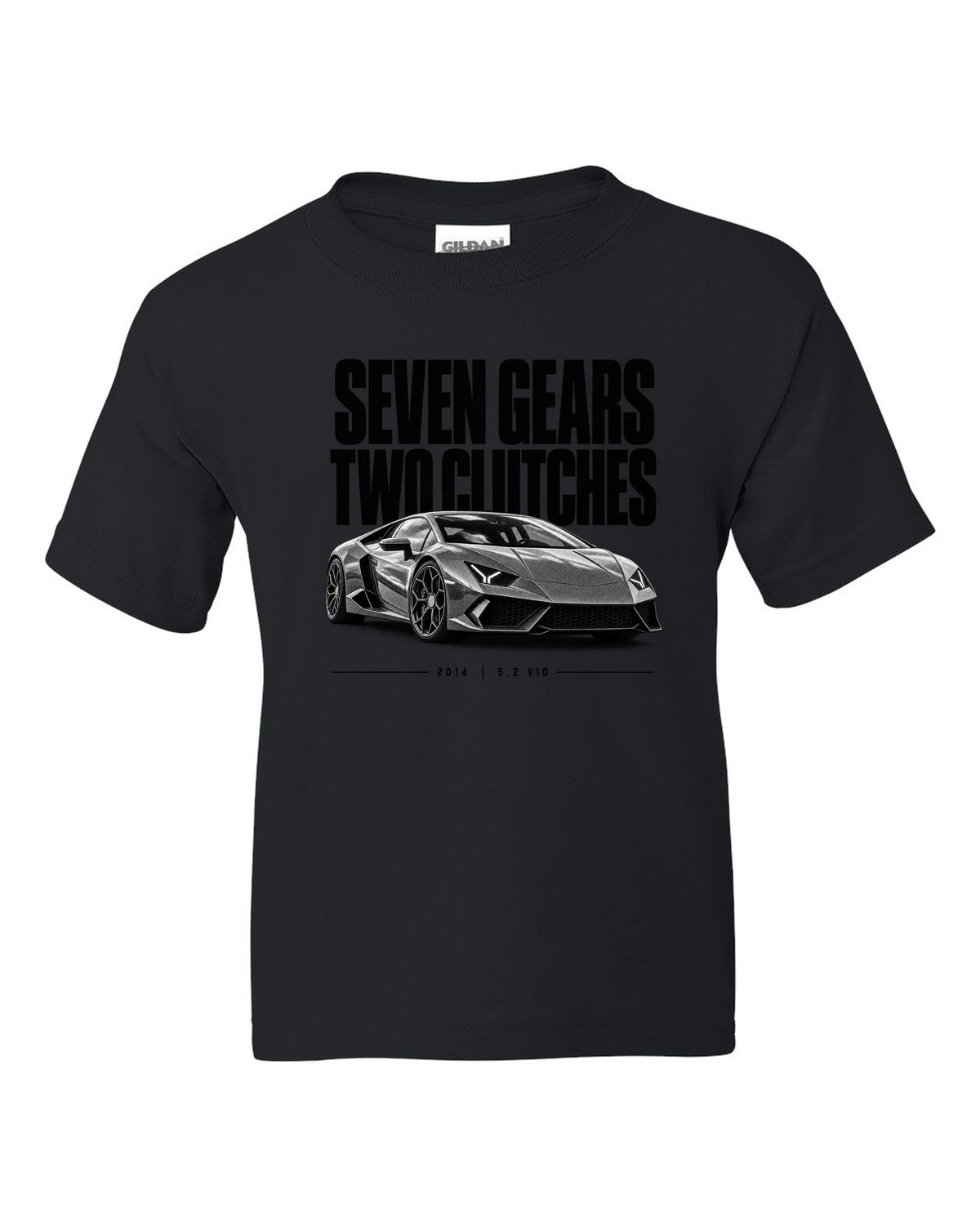 Halftone statement print of a Lamborghini Huracan LP610-4 with Seven Gears, Two Clutches text black kids tee front view with the design