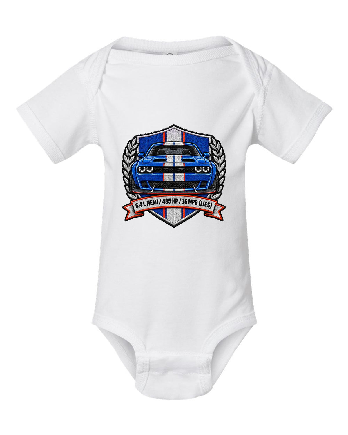 Embroidered shield patch design for a 2015 Dodge Challenger Scat Pack 392 Widebody with 6.4 L HEMI specs white baby onesie front view with the design