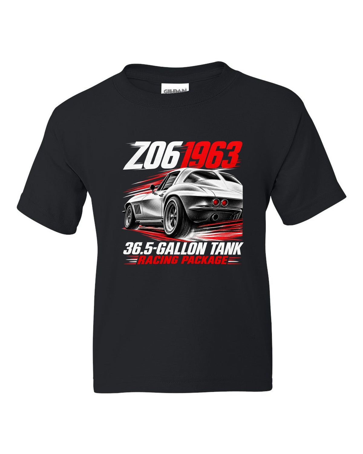 Corvette C2 Sting Ray 1963 Z06 racing package race poster black kids tee front view with the design