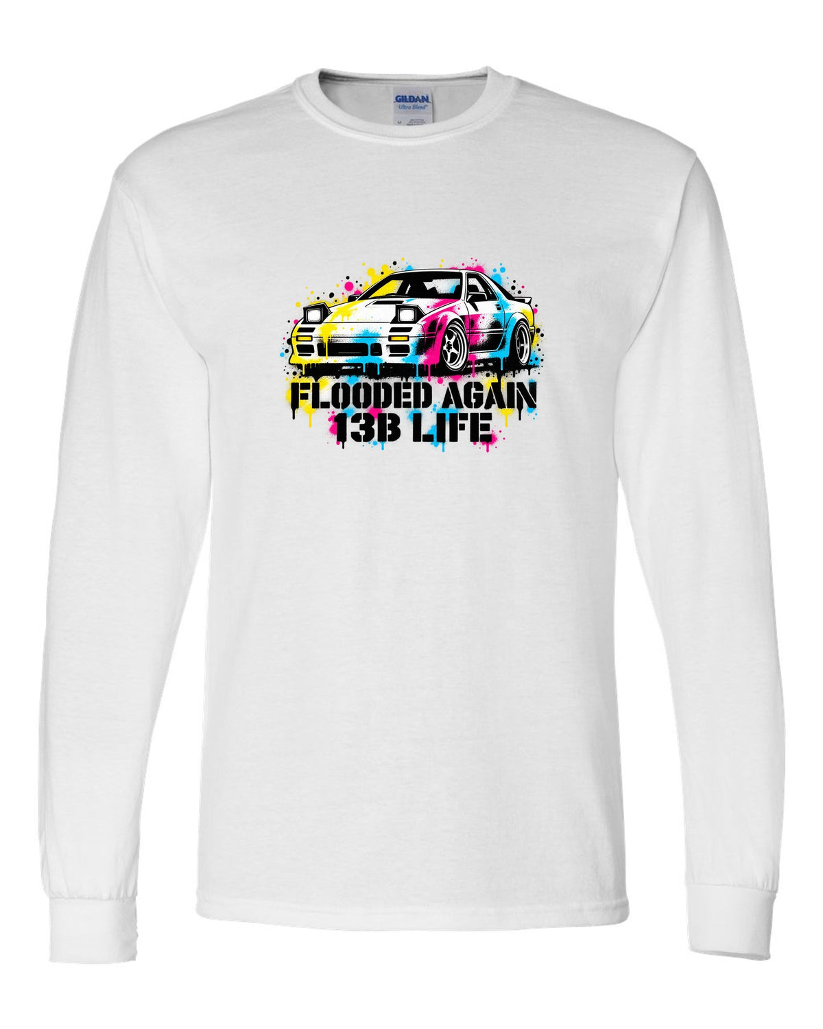 Stencil spray street art print for the Mazda RX-7 FC3S with flooded again 13B life lettering white long sleeve front view with the design