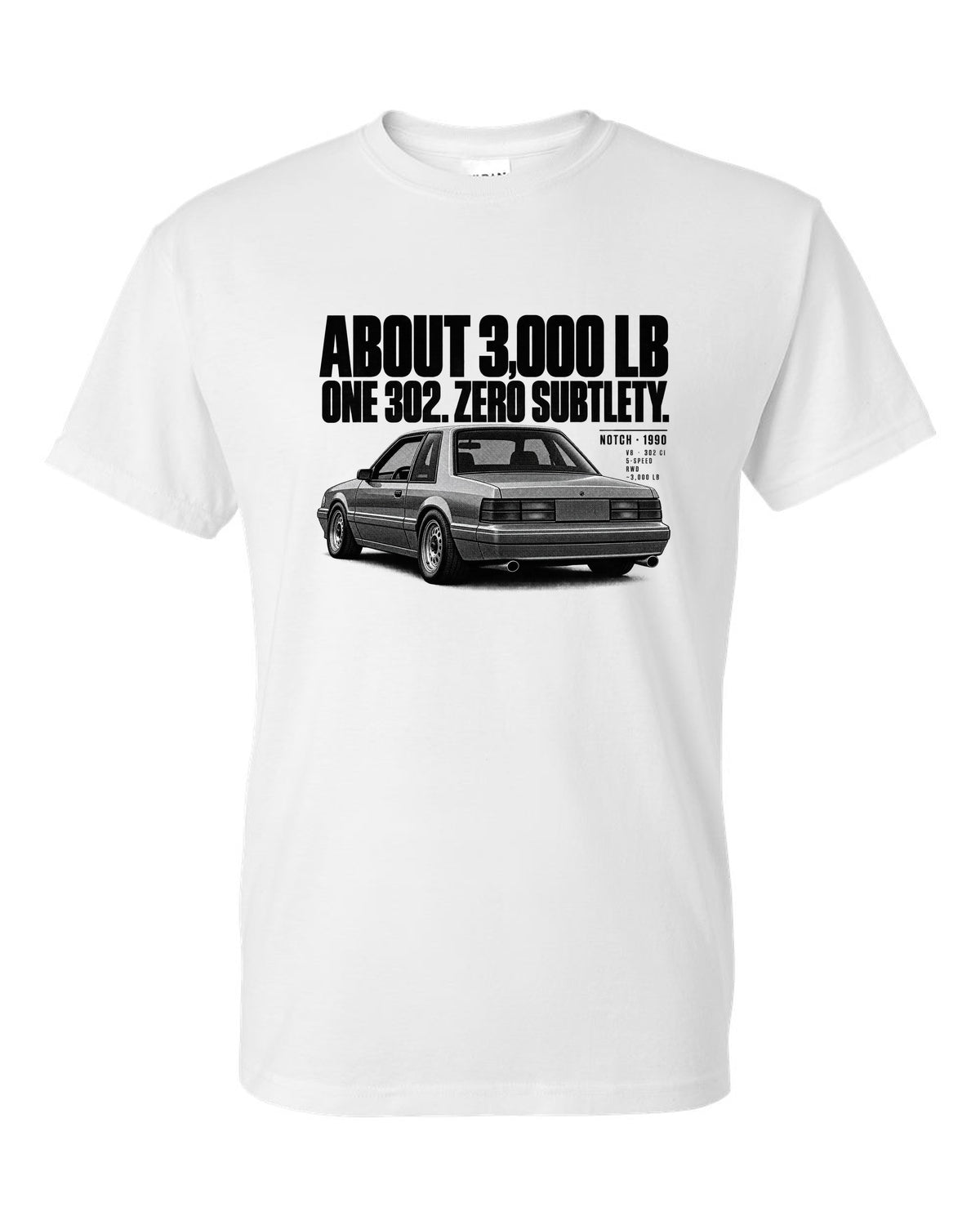 Halftone print of a 1990 Ford Mustang Fox Body LX notchback with spec lines white t-shirt front view with the design