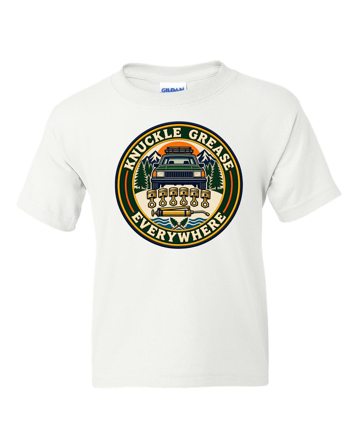 Badge crest of a Toyota Land Cruiser FZJ80 inline-six with Knuckle Grease Everywhere lettering white kids tee front view with the design