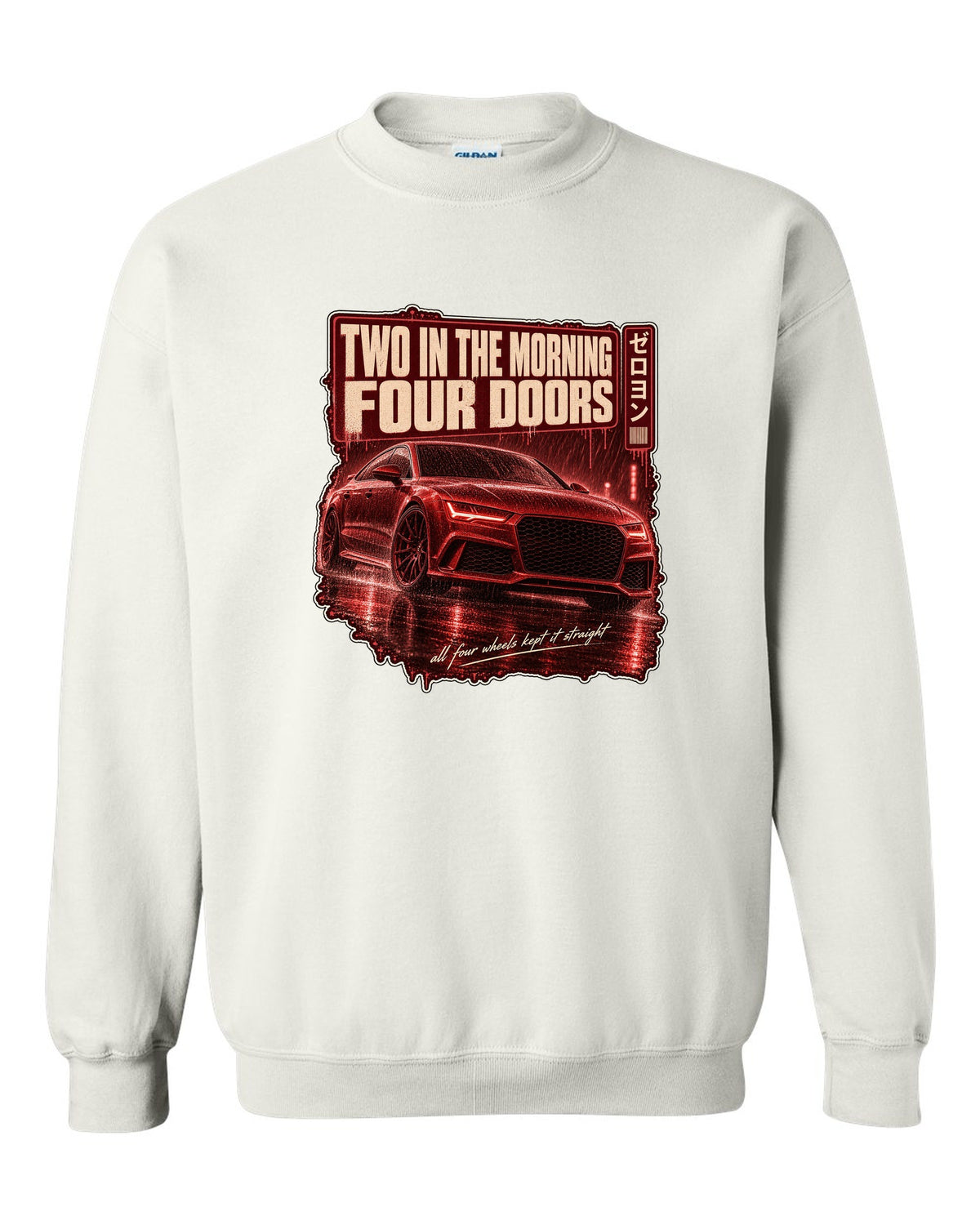 Audi RS7 Sportback C7 on a rainy night street print white crewneck front view with the design