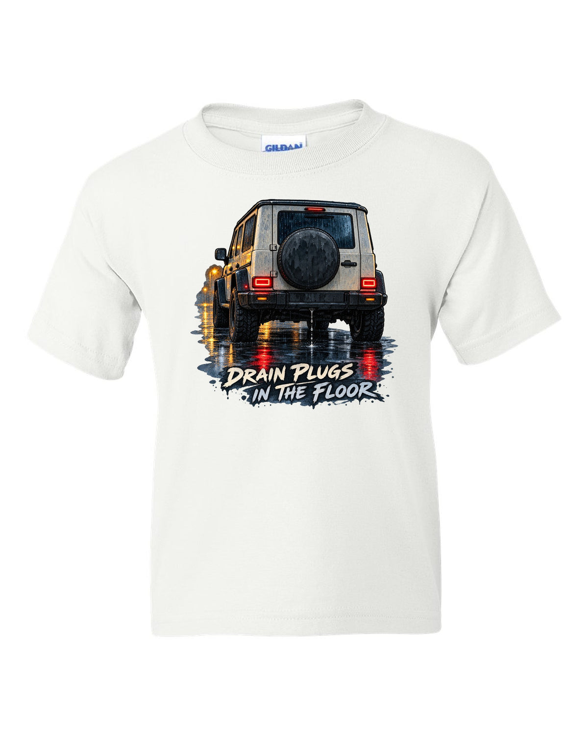 Jeep Wrangler JL taillight reflections on wet road in watercolour with drain plugs in the floor text white kids tee front view with the design