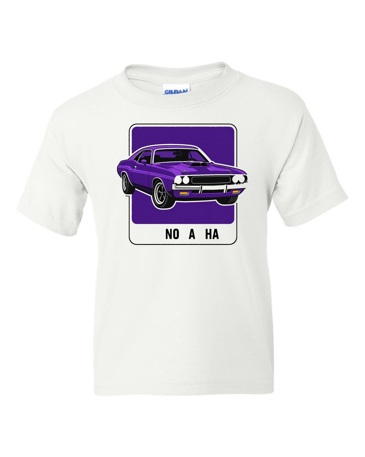 Minimal colour swatch card in Plum Crazy for a 1970 Dodge Challenger R/T with code FC7 white kids tee front view with the design