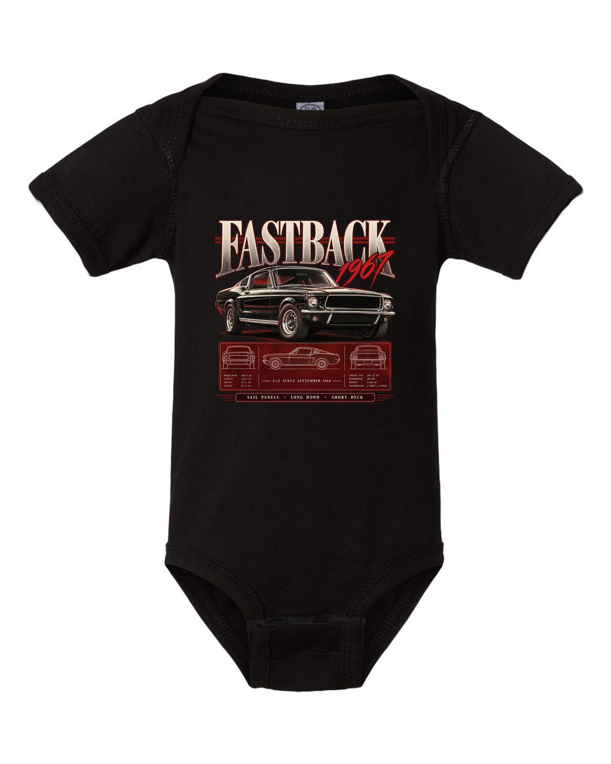 Archive panel illustration of a 1967 Ford Mustang fastback 2+2 with sail panel callouts black baby onesie front view with the design