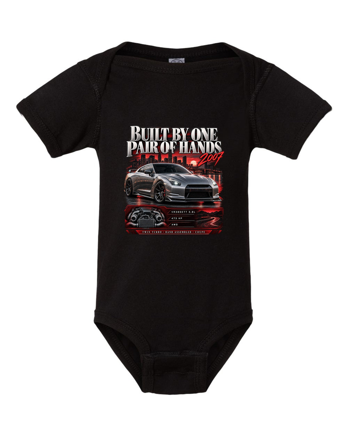 Archive panel of a Nissan GT-R R35 with VR38DETT 3.8L, 473 hp and hand assembled lettering black baby onesie front view with the design