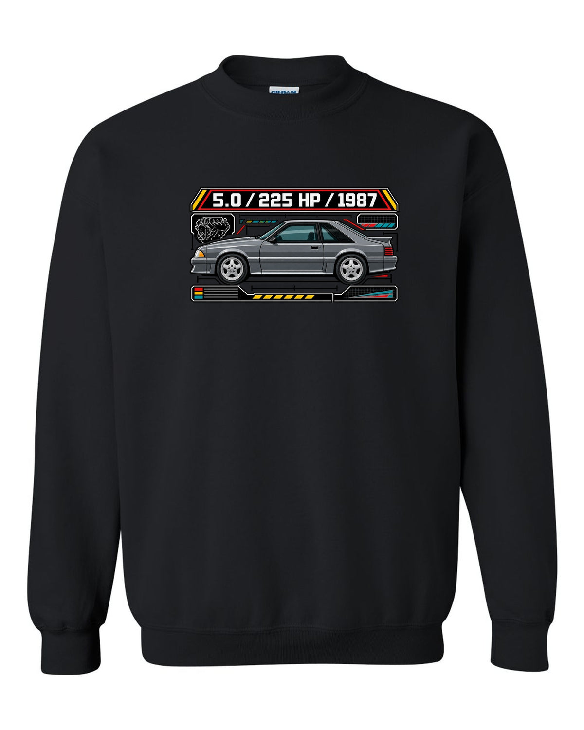 Spec-sheet data plate print of a 1987 Ford Mustang Fox Body GT chback black crewneck front view with the design