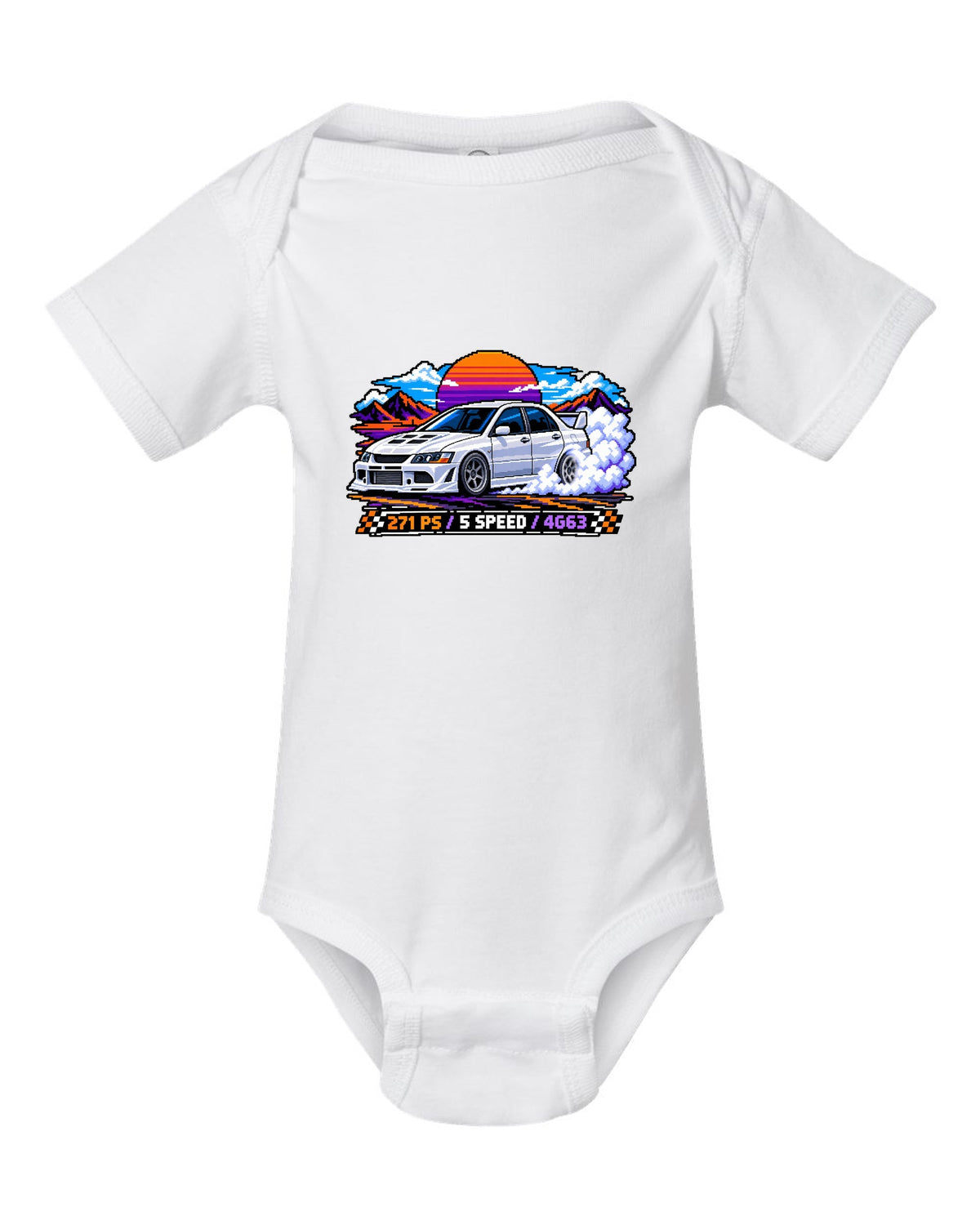 Pixel art burnout print of the Mitsubishi Evo VIII CT9A with 271 PS 5 speed 4G63 text white baby onesie front view with the design