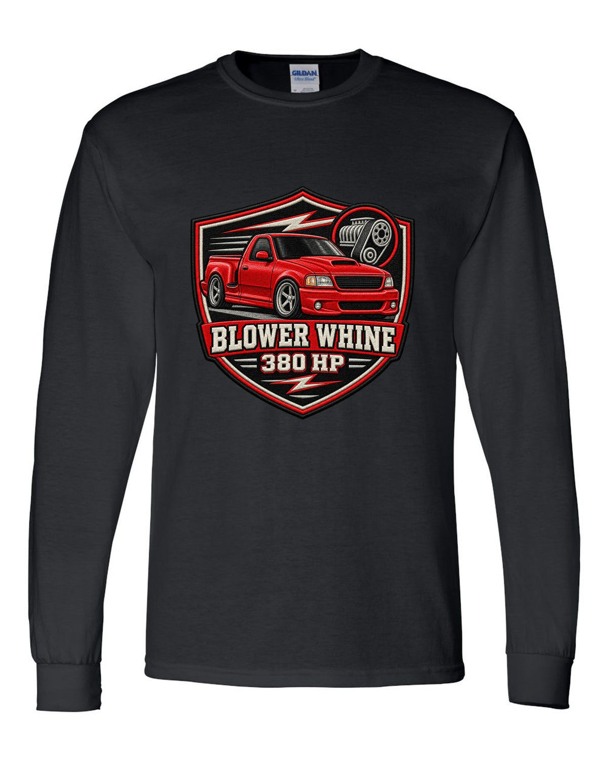 Ford F-150 SVT Lightning 1999-2004 in an embroidered varsity crest print black long sleeve front view with the design