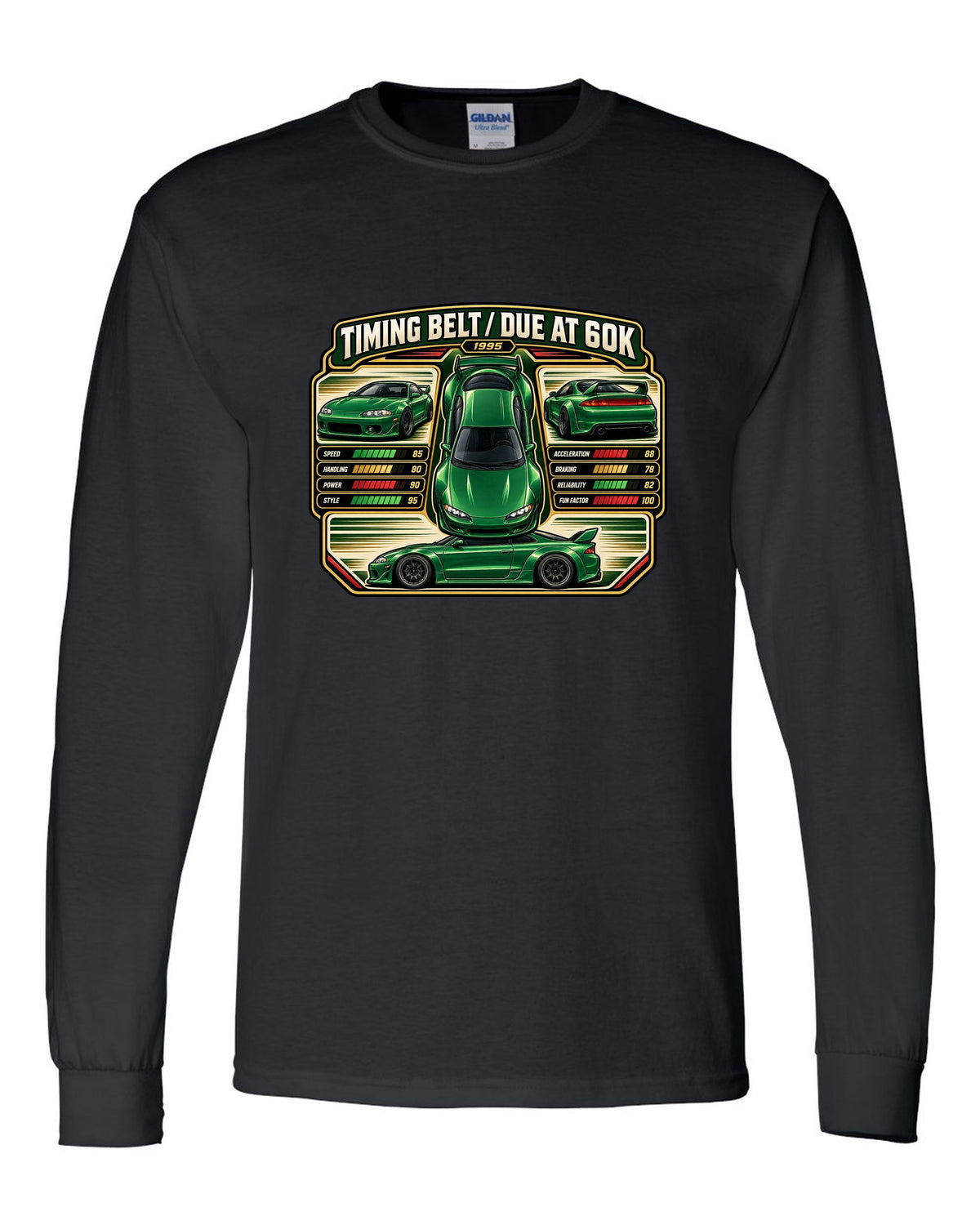 Top-down vector trading card print of a widebody Mitsubishi Eclipse GSX 2G with timing belt due at 60K text black long sleeve front view with the design
