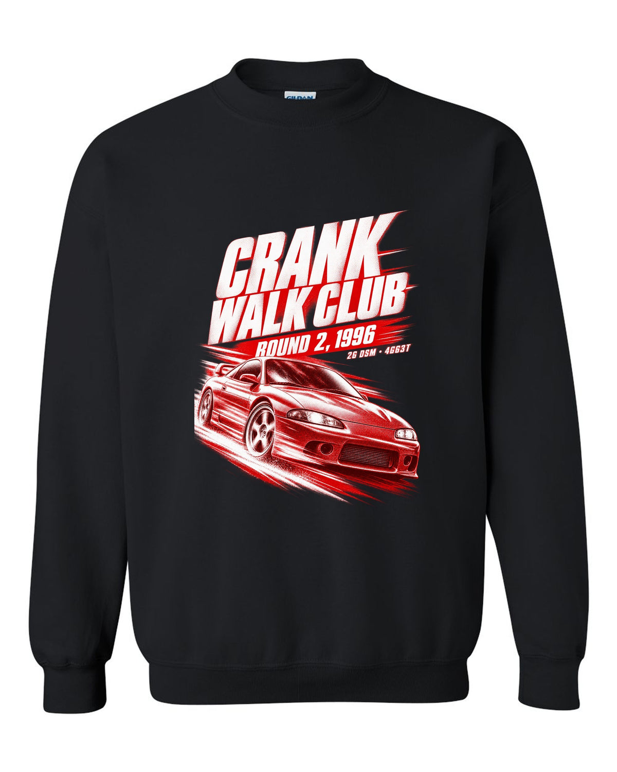 Mitsubishi Eclipse GSX 2G DSM race poster print with 4G63T and Crank Walk Club text black crewneck front view with the design