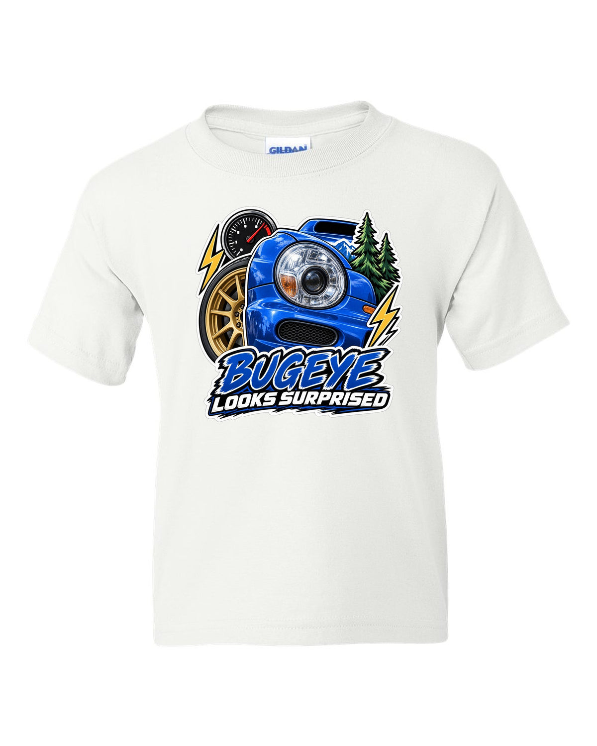 Sticker-bomb collage of a Subaru Impreza WRX GDB Bugeye white kids tee front view with the design