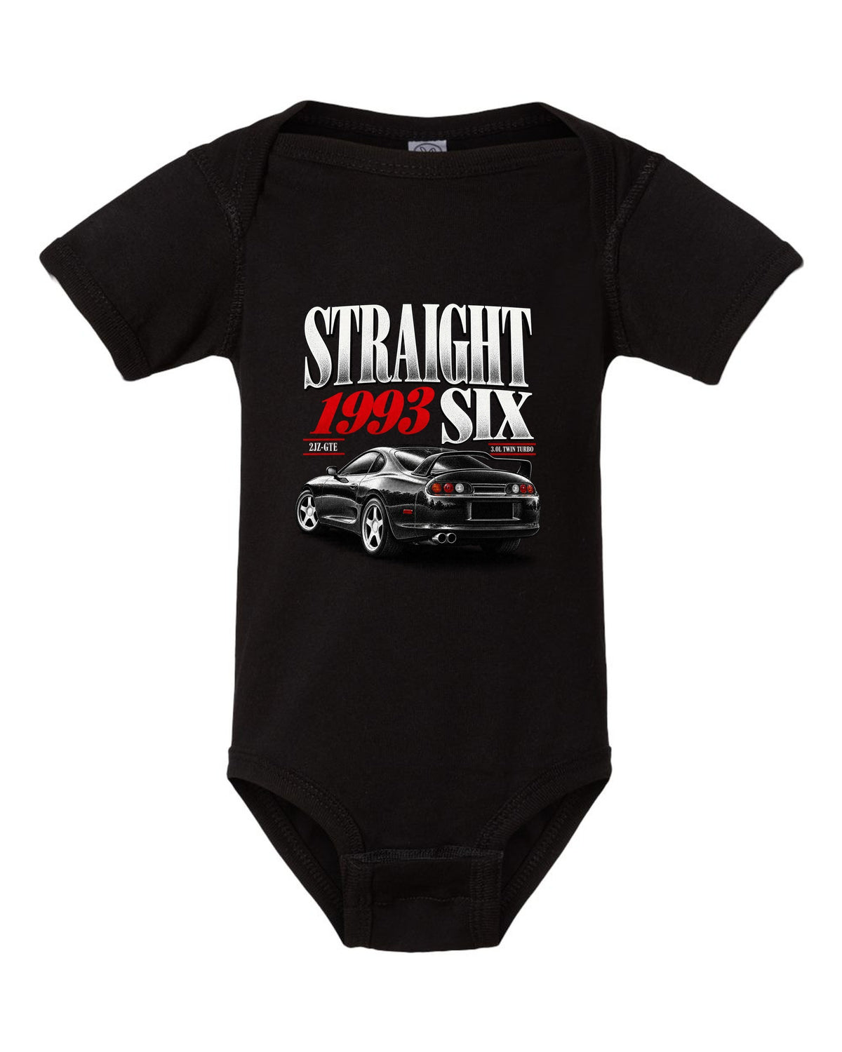 print of a Toyota Supra A80 JZA80 with straight six editorial headline and 2JZ-GTE twin turbo text black baby onesie front view with the design