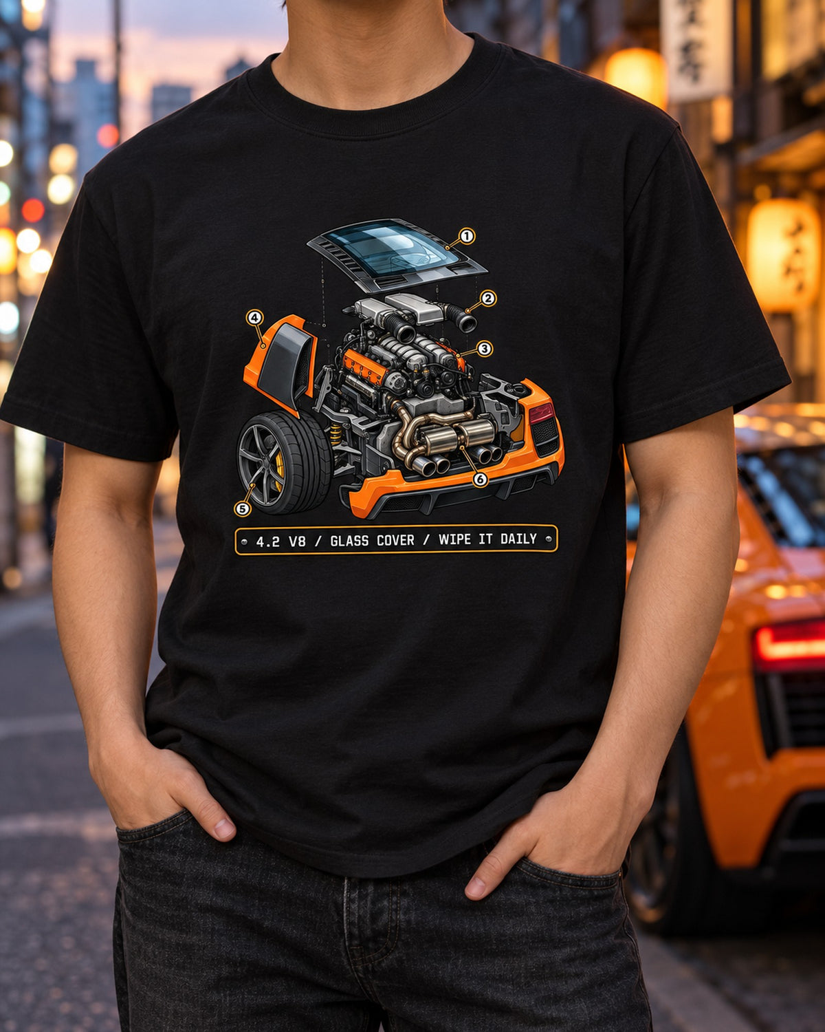 Audi R8 Type 42 4.2 V8 Glass Engine Cover Exploded Shirt T-Shirt Black worn hero