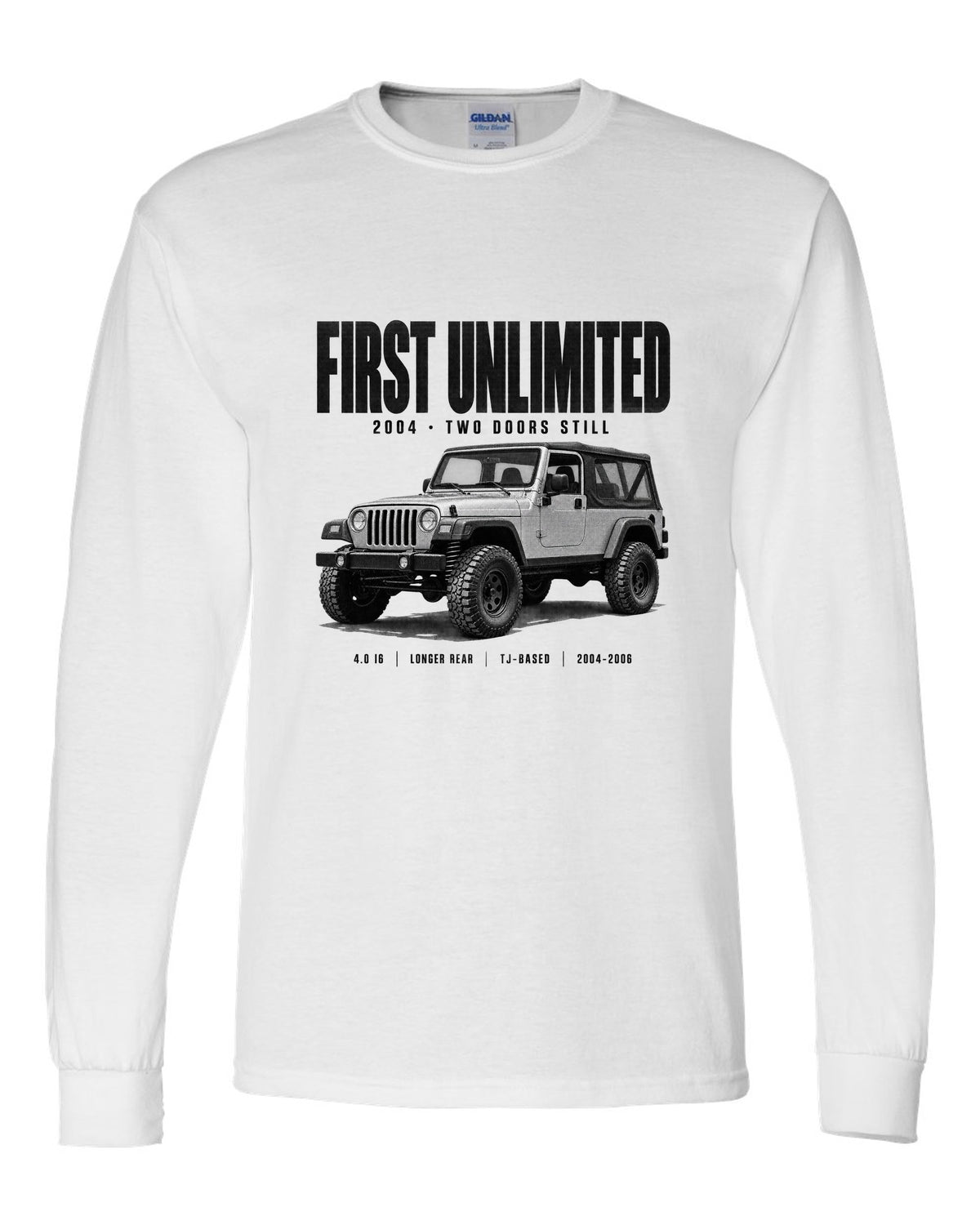Halftone print for the Jeep Wrangler LJ Unlimited, First Unlimited 2004 white long sleeve front view with the design