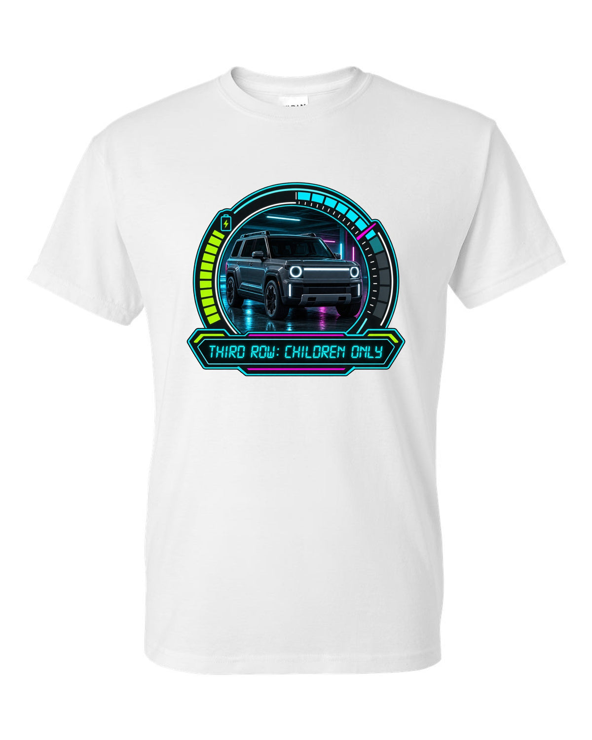 Rivian R1S dashboard gauge cluster HUD print with the text third row children only white t-shirt front view with the design