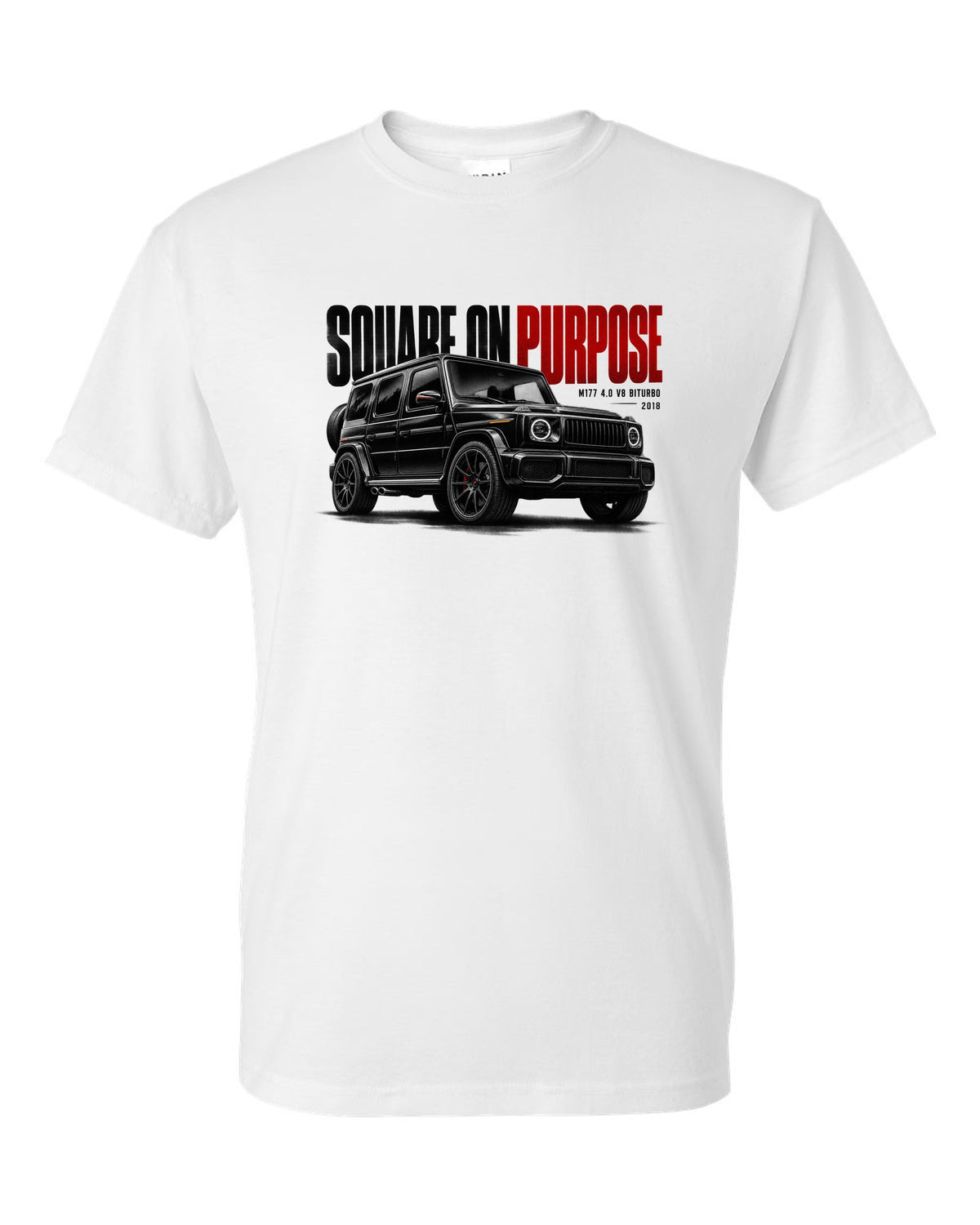Halftone statement print of a Mercedes-AMG G63 W464 with Square On Purpose lettering white t-shirt front view with the design