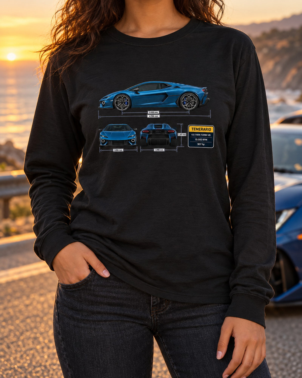 Lamborghini Temerario Three-View Spec Shirt, Twin-Turbo V8 Long Sleeve Black worn hero