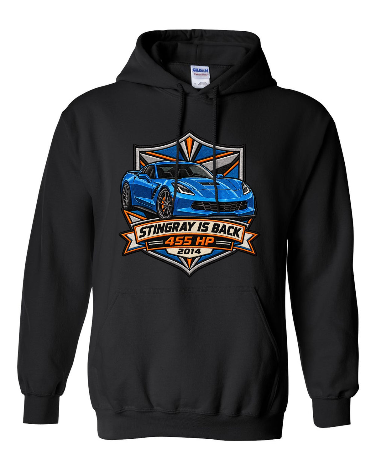 Varsity crest style print of a 2014 Chevrolet Corvette C7 Stingray with 455 HP and gill vent detail black pull over hoodie front view with the design