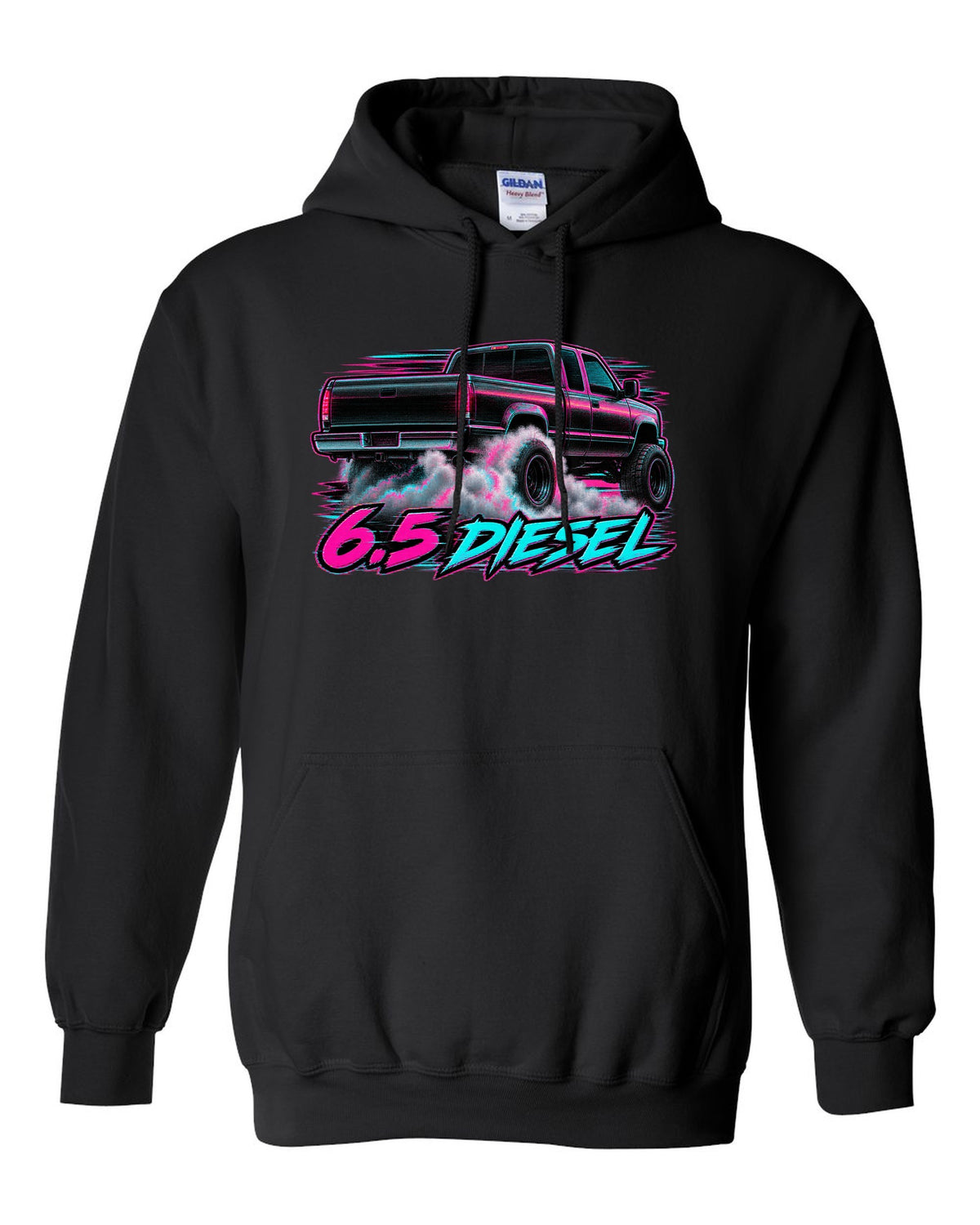 VHS glitch burnout print of a 1988-1998 Chevrolet GMT400 C2500 with 6.5 Diesel text black pull over hoodie front view with the design