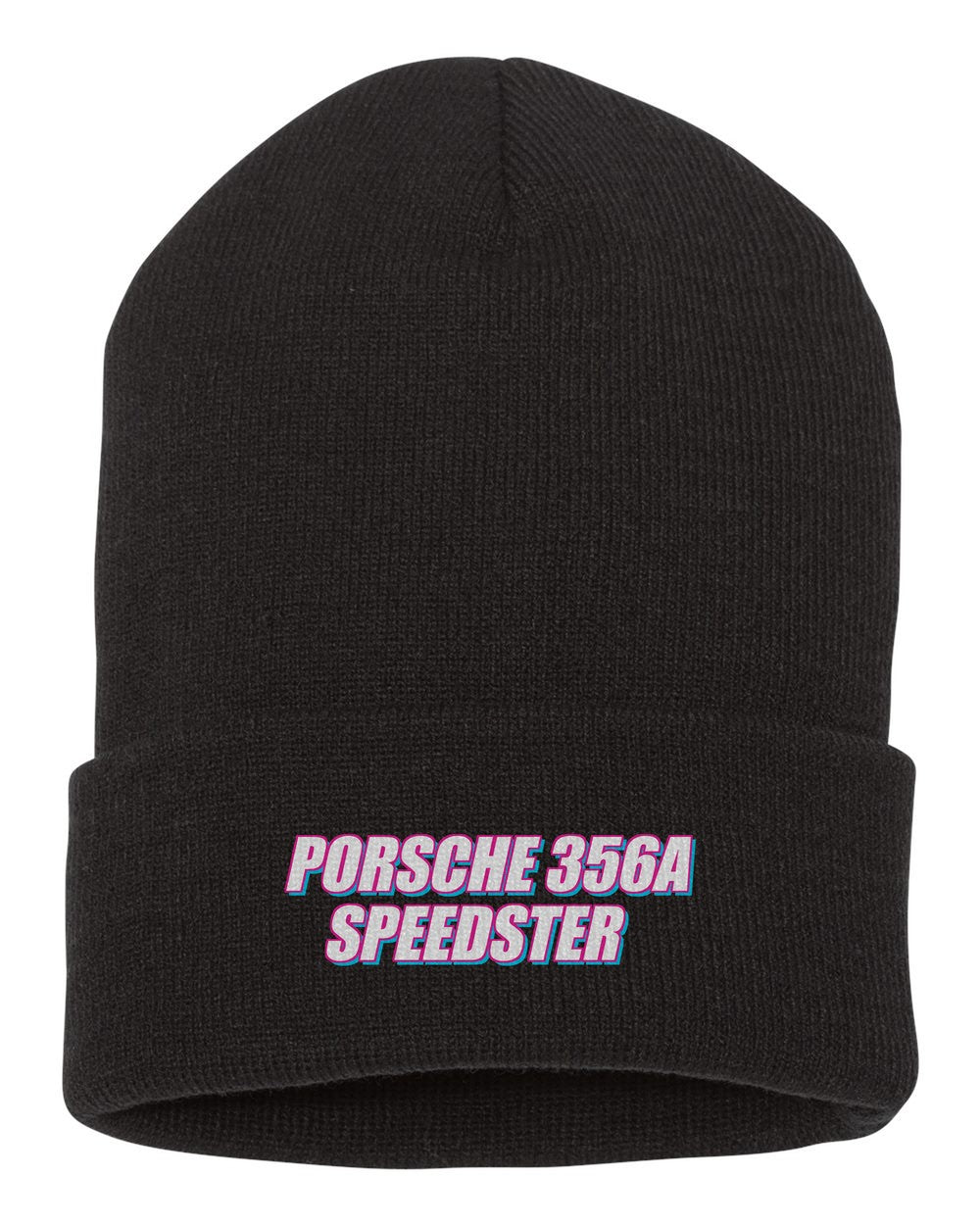 Porsche 356A Speedster black beanie front view with car name