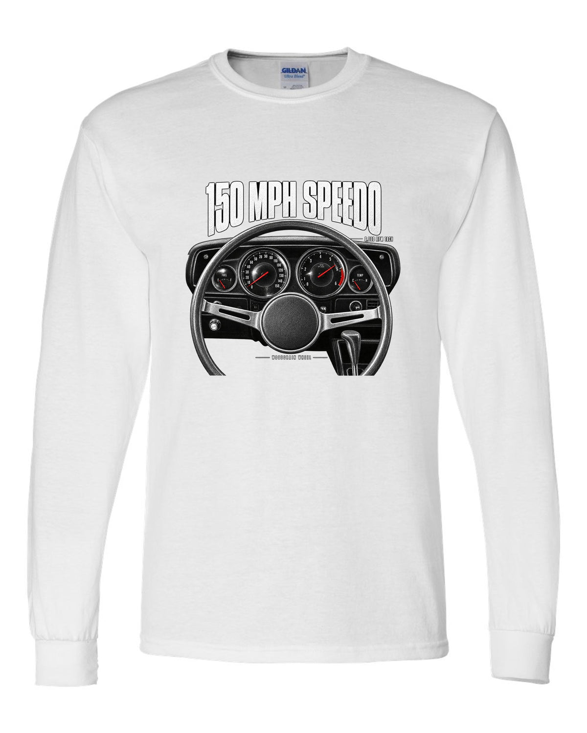 Cockpit gauge print of a 1970 Dodge Challenger R/T with speedometer, tach and woodgrain wheel white long sleeve front view with the design