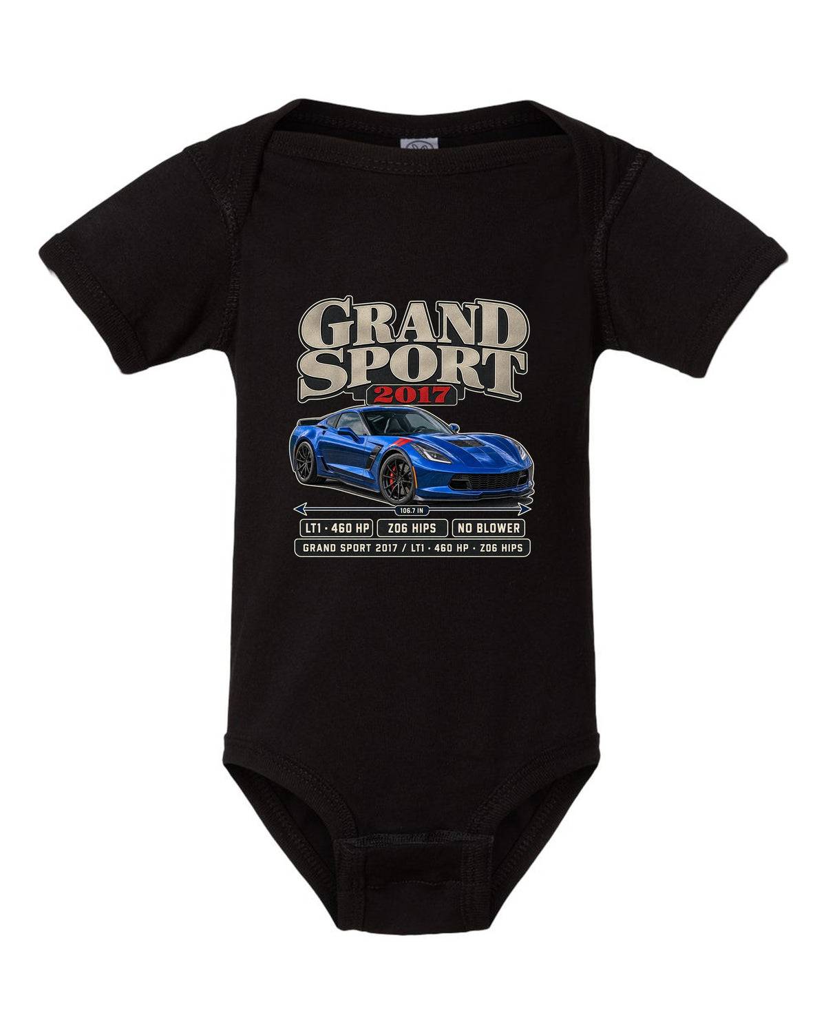 print of a Chevrolet Corvette C7 Grand Sport archive panel with LT1 and 460 HP text black baby onesie front view with the design
