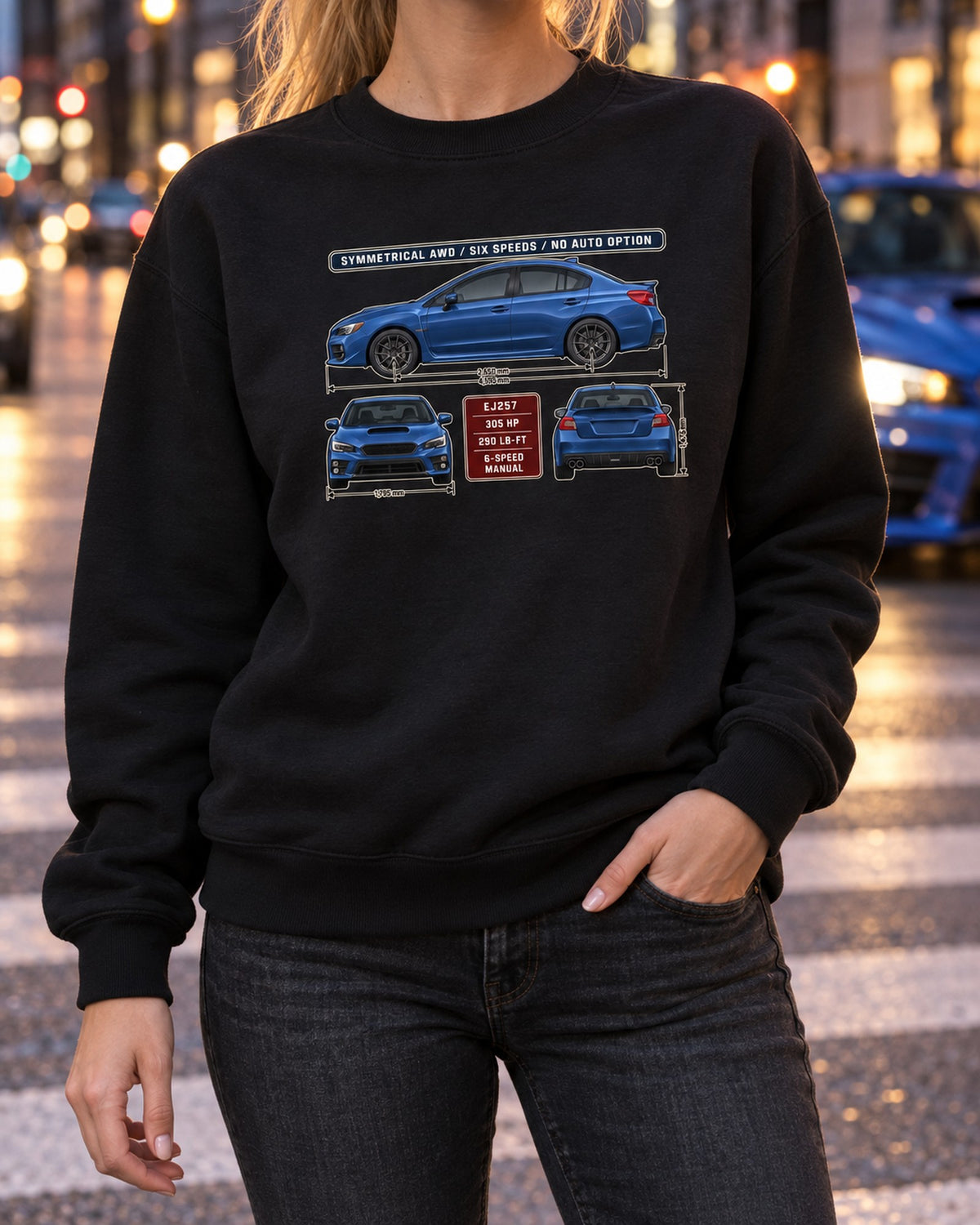 Subaru WRX STI VA Three-View Spec Table Tee, Manual Only Crewneck Black worn hero
