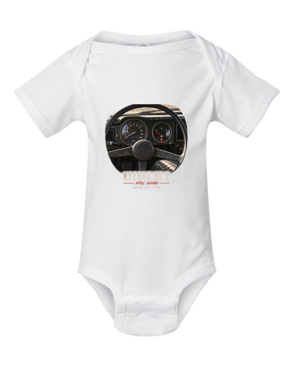 Gauge cockpit print for the Jeep CJ-7, Needle At E Still Going white baby onesie front view with the design