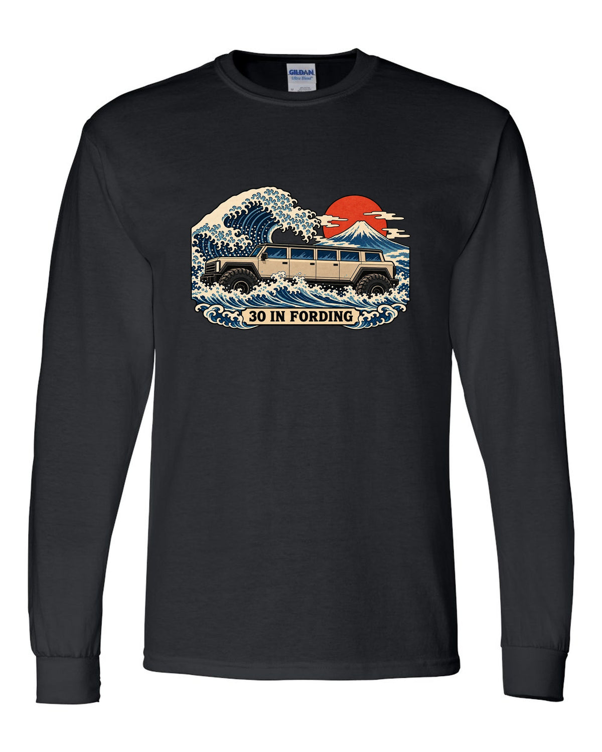 Ukiyo-e woodblock wave print with a 1992-2006 Hummer H1 and 30 IN FORDING text black long sleeve front view with the design