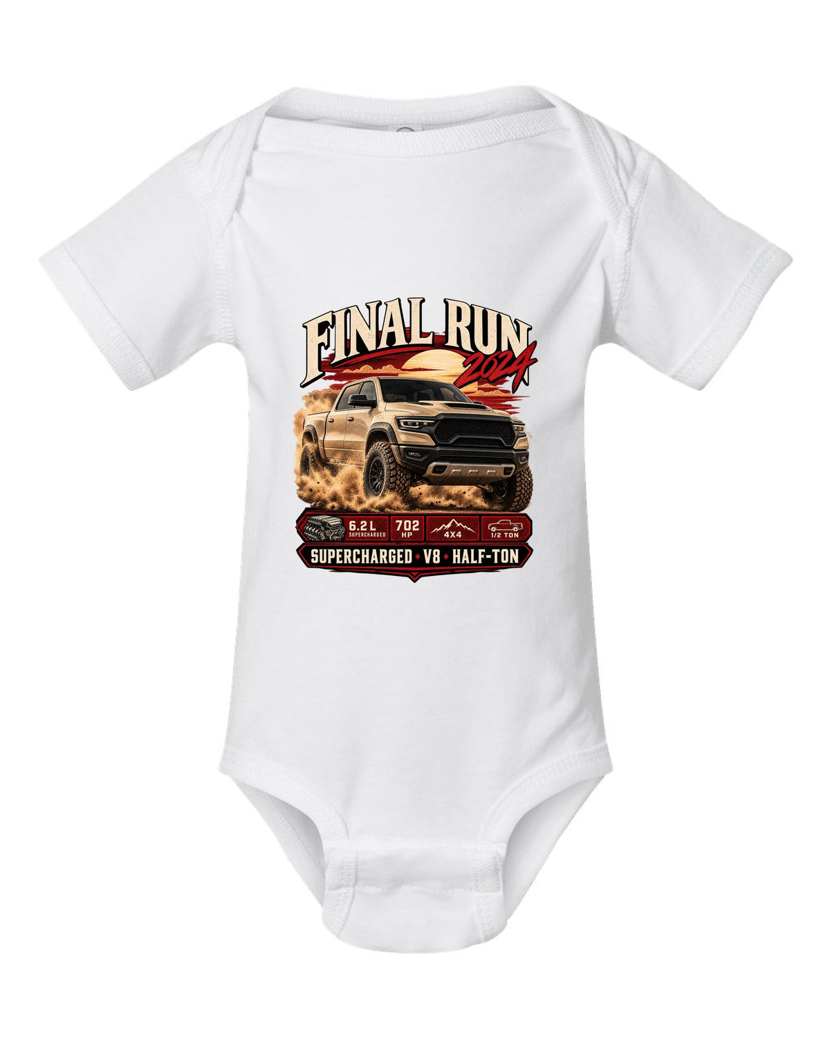 Archive panel print of a 2024 Ram 1500 TRX Final Edition with final run and supercharged V8 text white baby onesie front view with the design