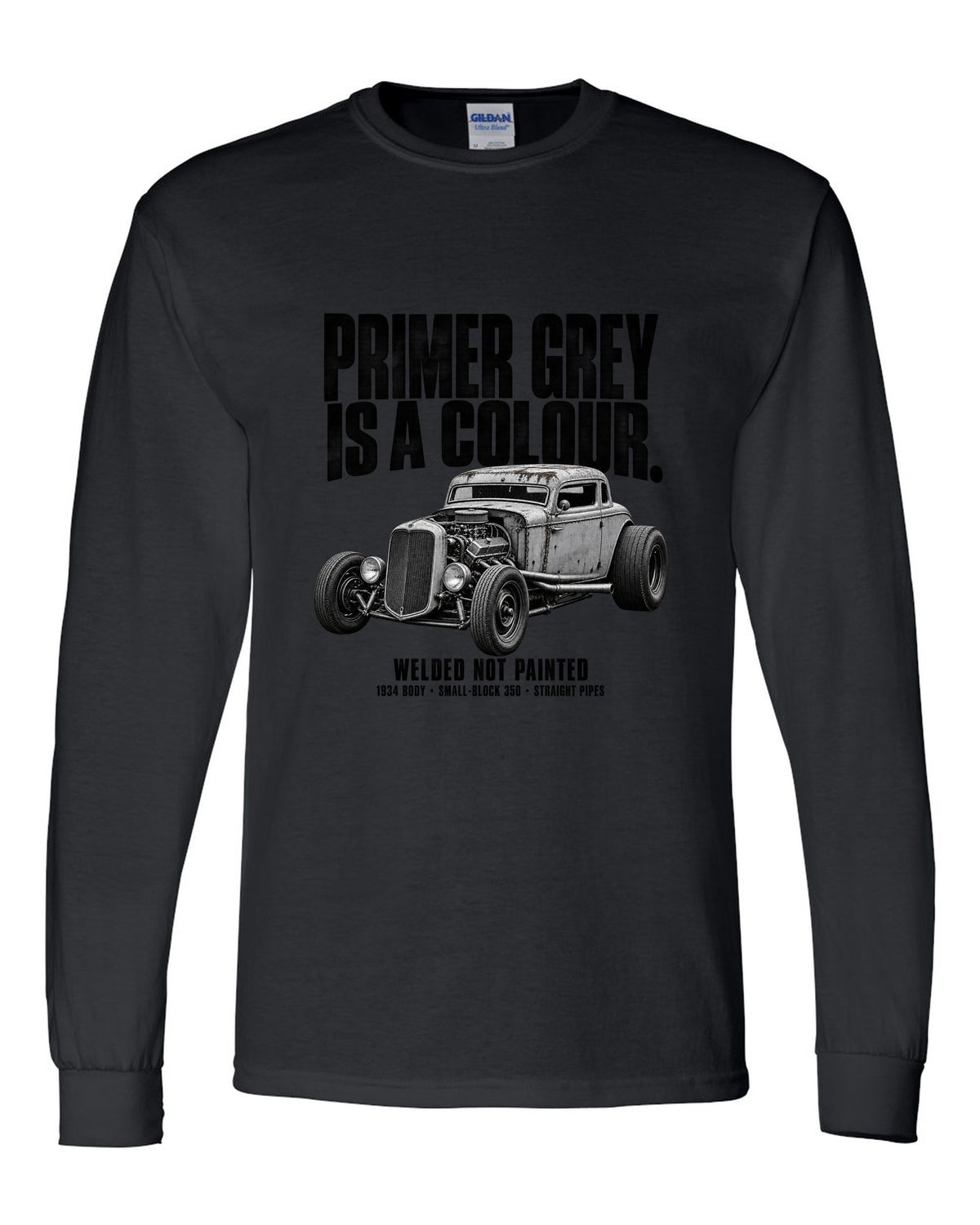 Halftone print of a primer grey 1934-style rat rod coupe black long sleeve front view with the design