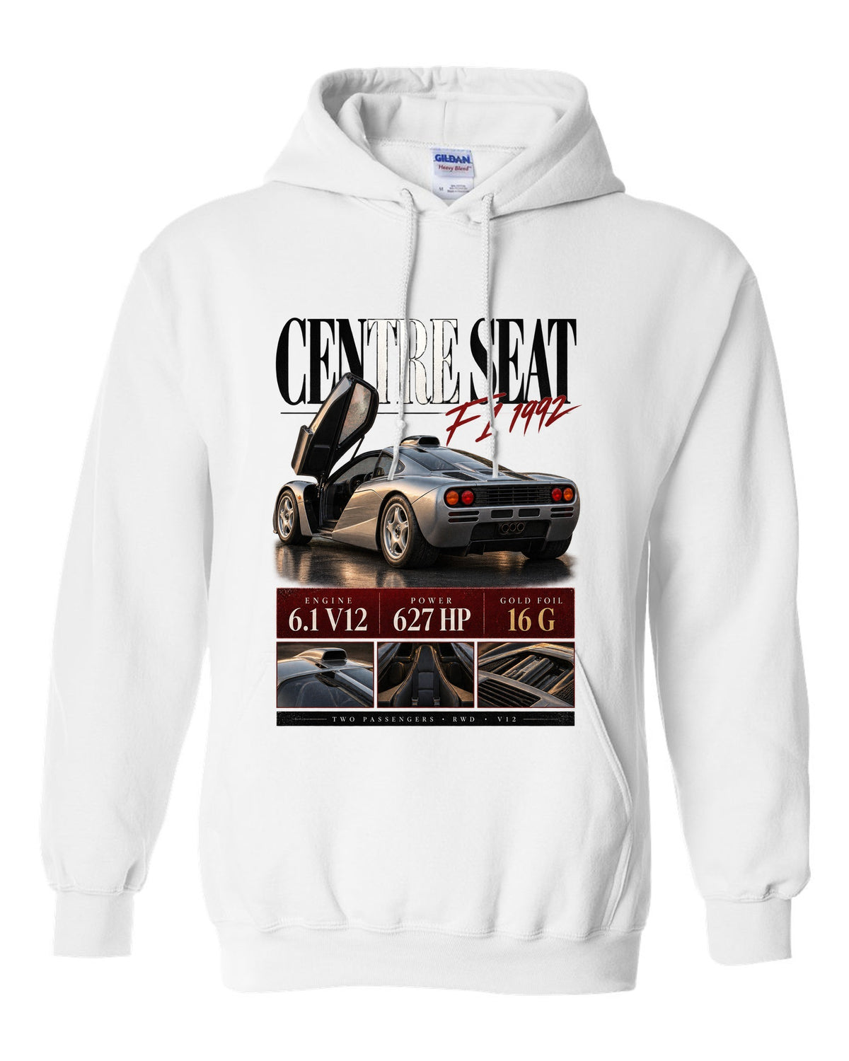Archive panel print of the 1992 McLaren F1 with centre driving seat and V12 specification text white pull over hoodie front view with the design