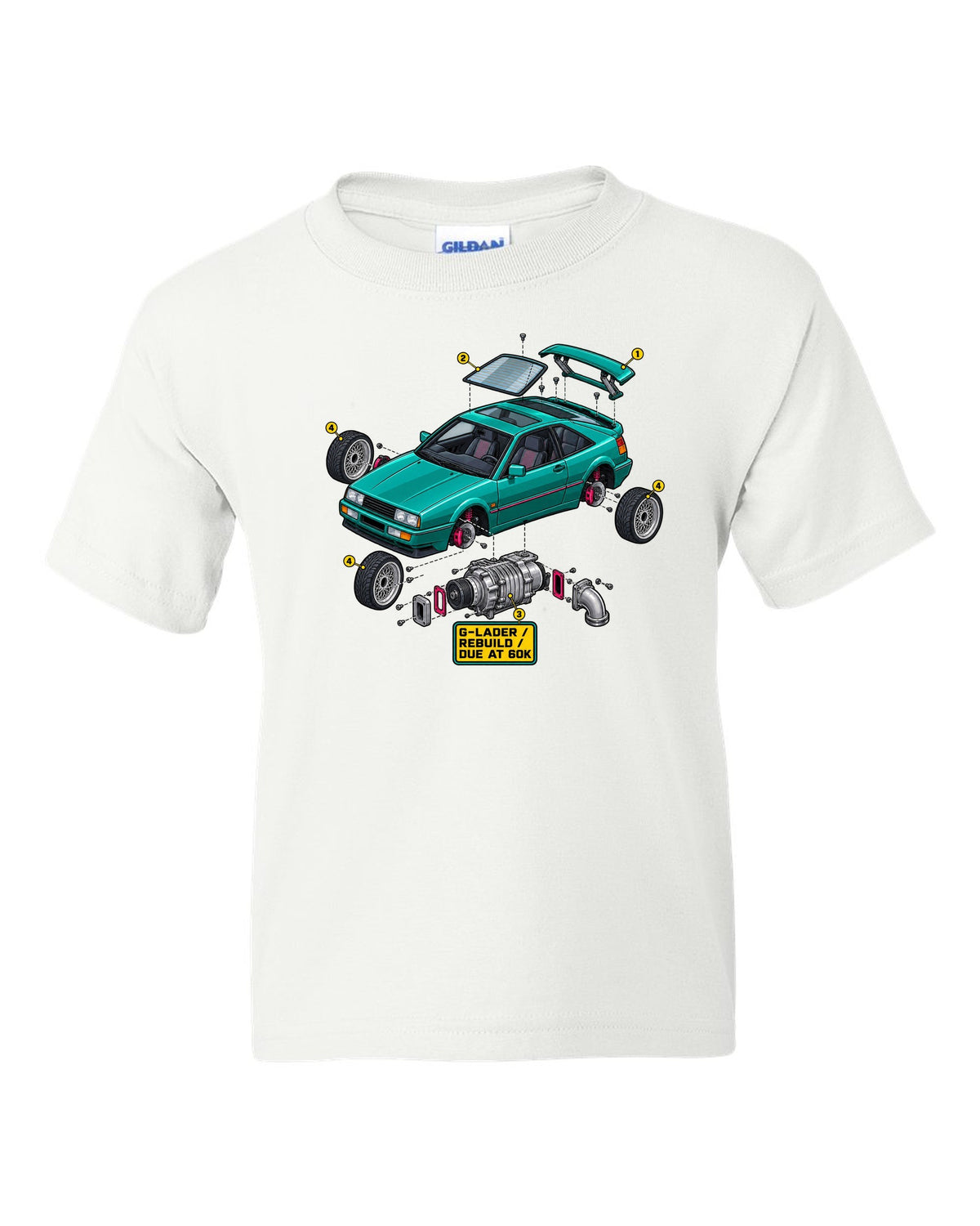 Exploded cutaway engine illustration of a VW Corrado G60 with G-Lader rebuild due at 60K text white kids tee front view with the design