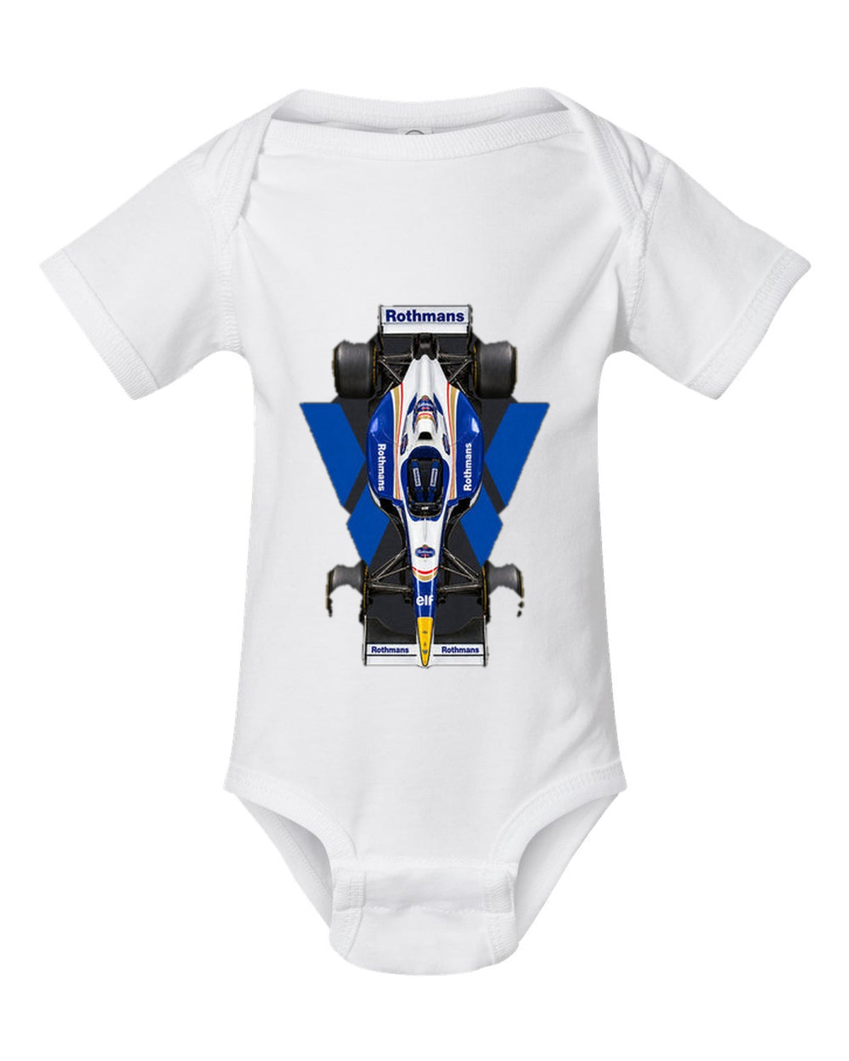 Williams FW18 1996 Formula 1 overhead poster artwork white baby onesie front view with the design