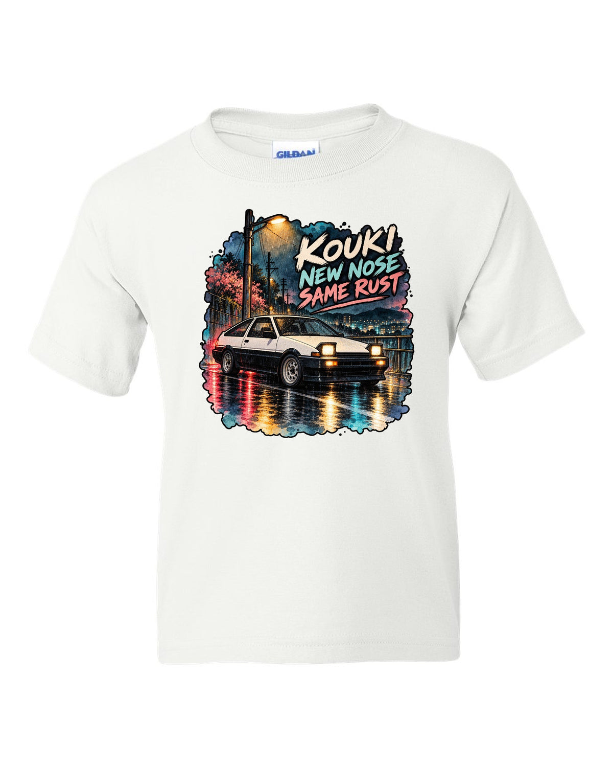 Watercolour wet street night scene with the Toyota AE86 Sprinter Trueno kouki white kids tee front view with the design